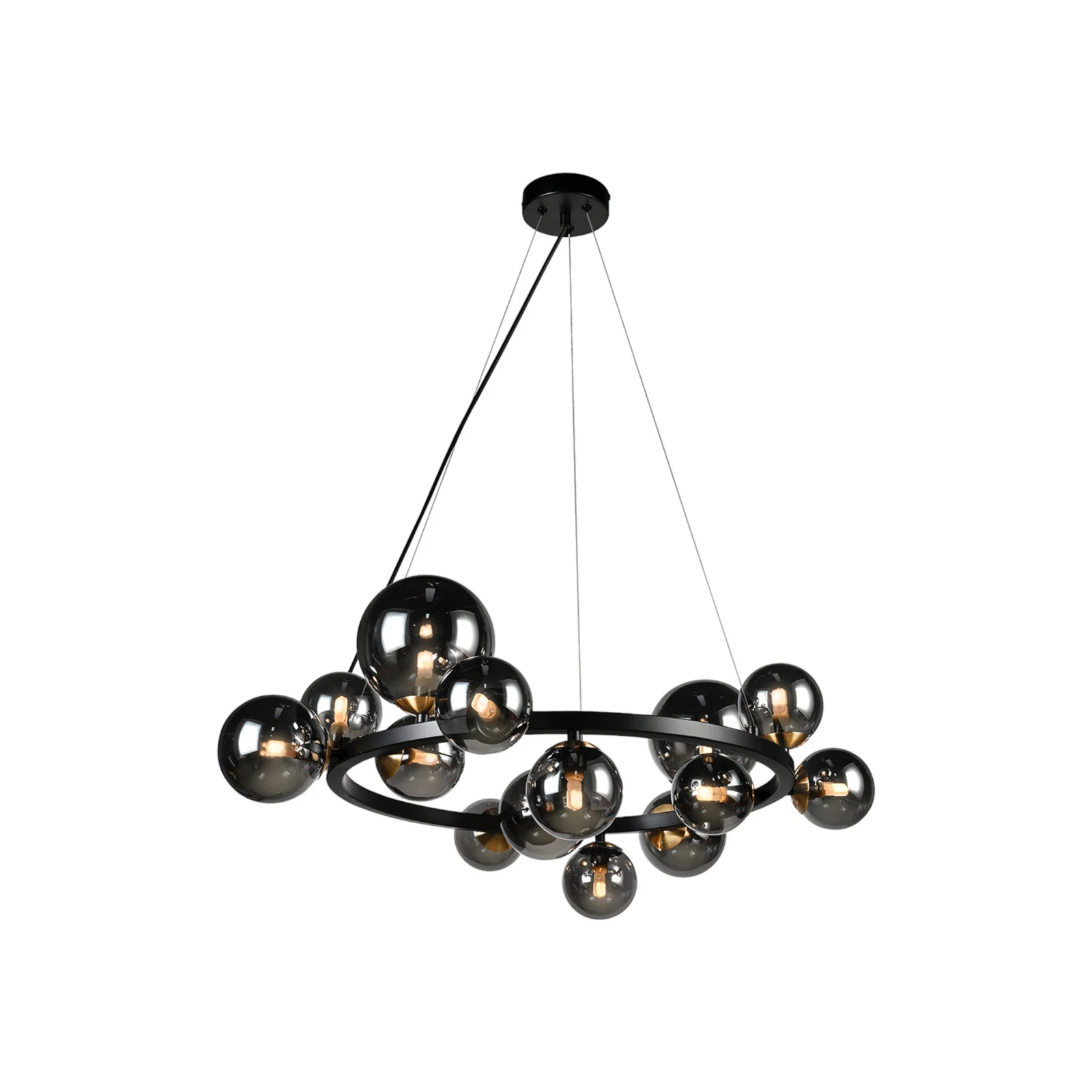 Lámpara colgante Astros, 14 luces, negra, cristal gris ahumado