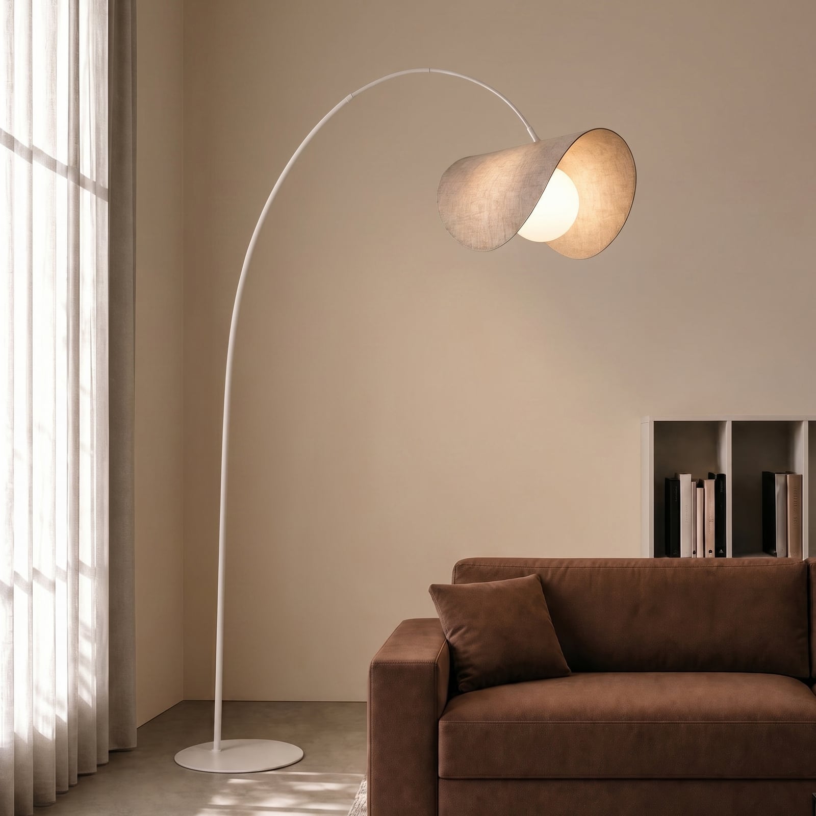 Lucande LED lanko formos šviestuvas „Sansibar“, smėlio spalvos, 180 cm, su Lucande LED lanko formos šviestuvas „Sansibar“, smėlio spalvos, 180 cm, su
