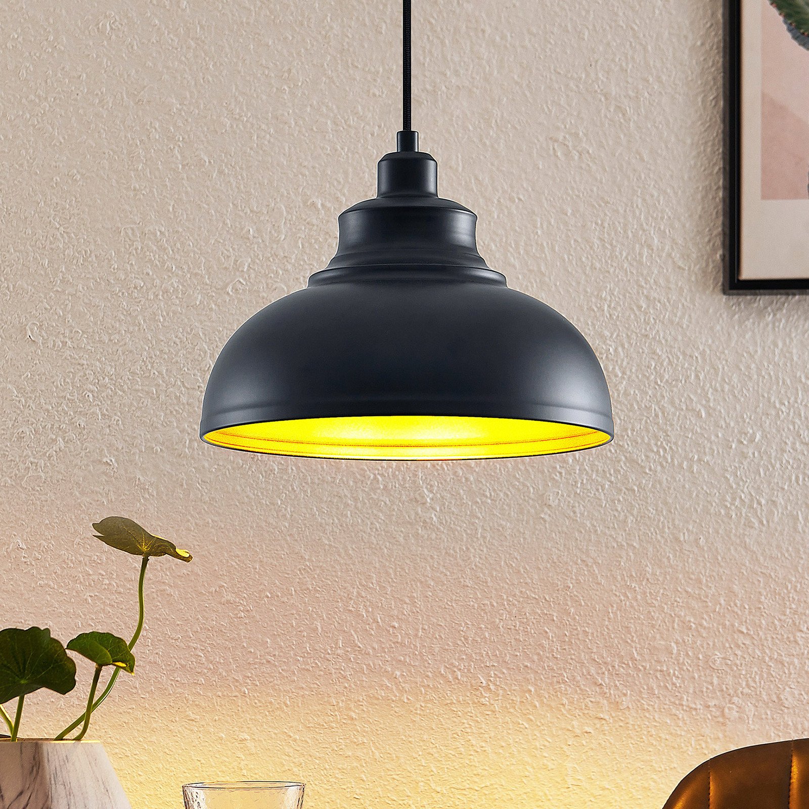 Lampă suspendată Lindby Emna 1 bec negru/galben metal Ø29cm - Camera de zi / sufragerie - Vintage - negru auriu