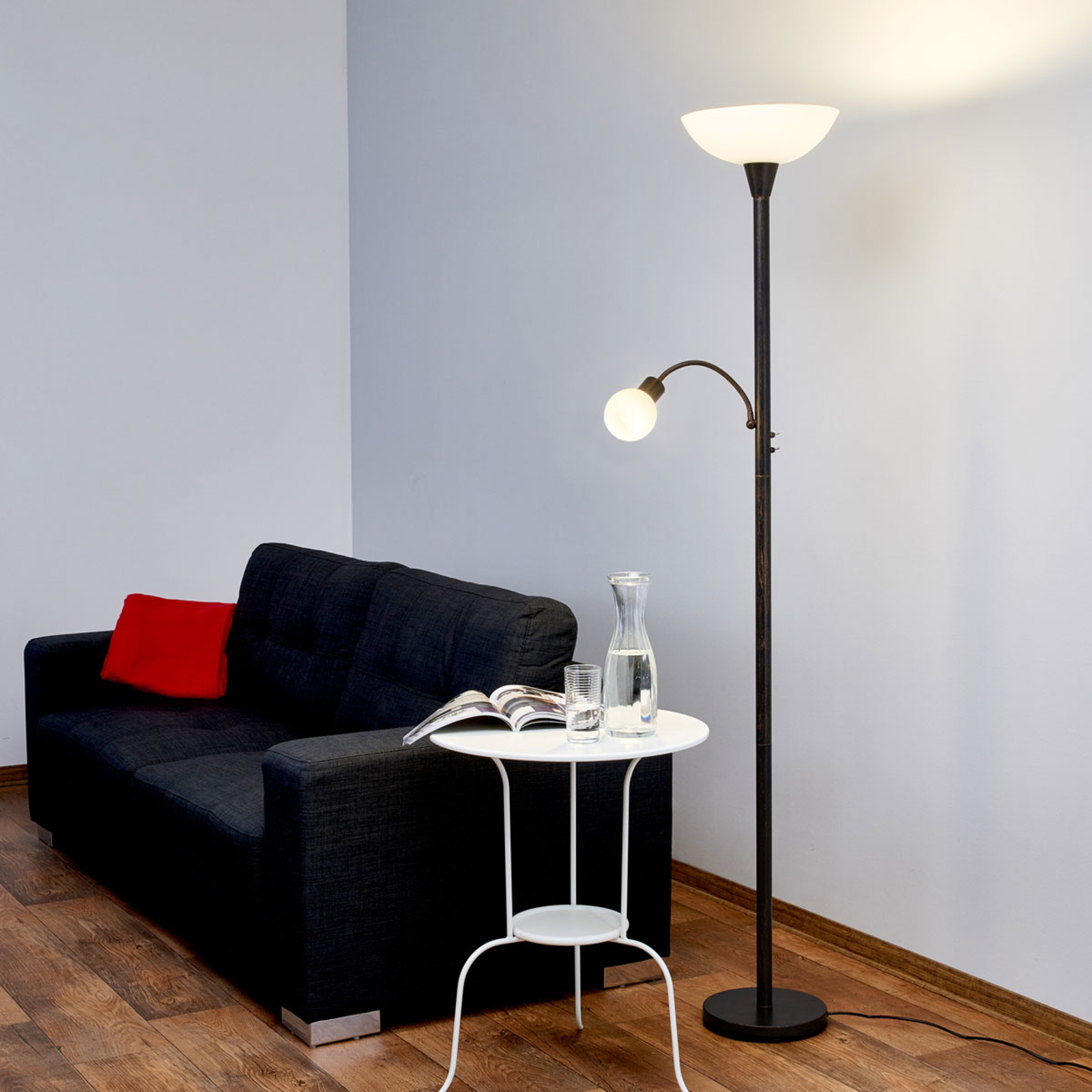 Lindby LED uplighter Elaina with reading light, for Living / Dining Room, metal, glass, E27, 15 W, energy efficiency: A+, H: 182.5 cm