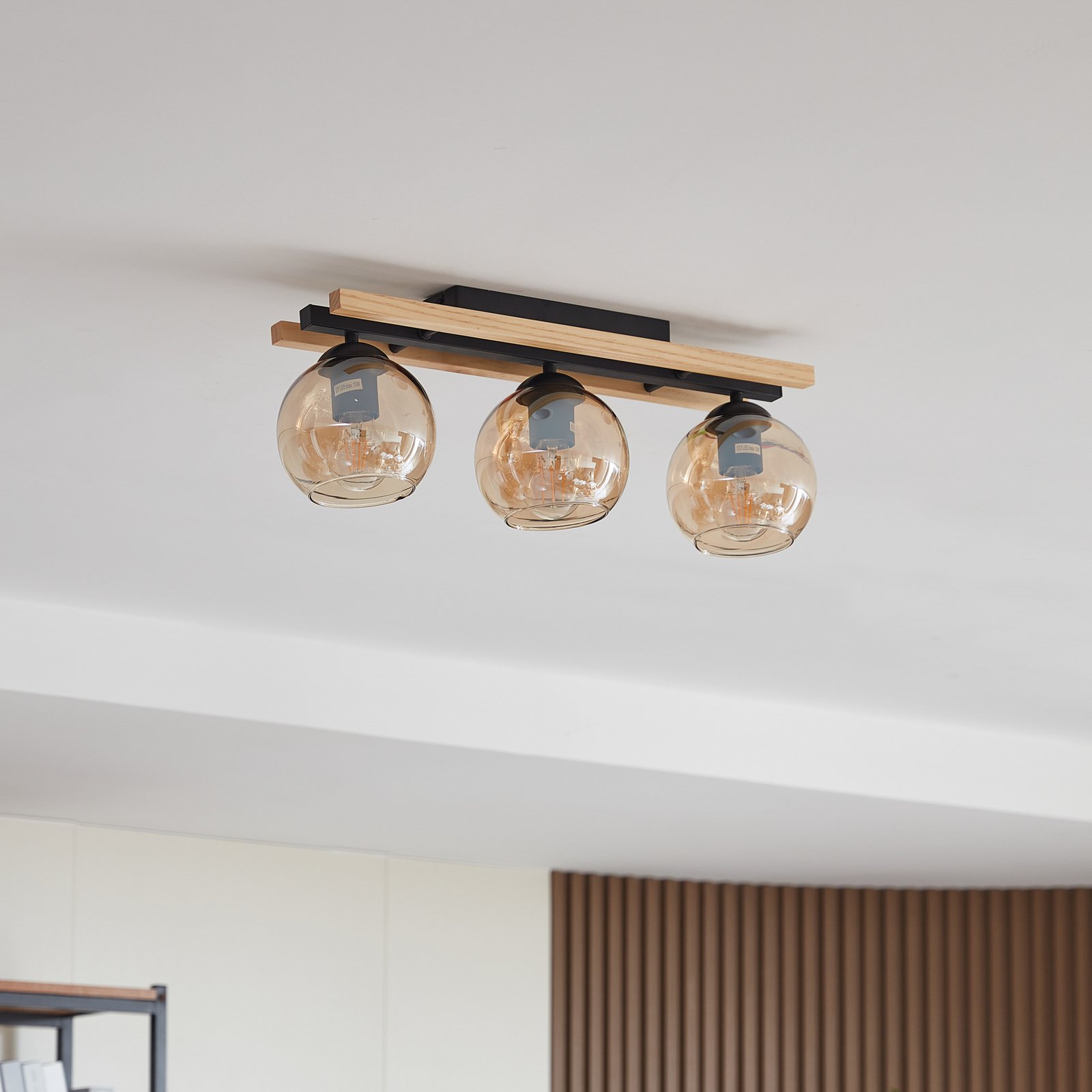 Maite 3 Ceiling Lamp Black/Wood/Amber - Lindby
