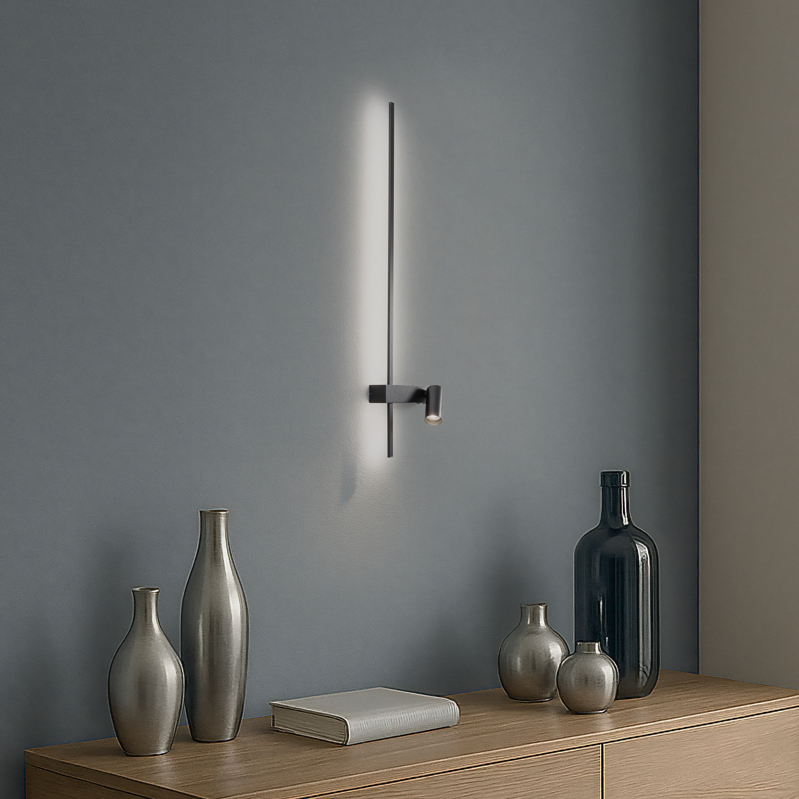 Sieninis šviestuvas EASY LEFT, juodas, plotis 80 cm, metalas, GU10, + LED