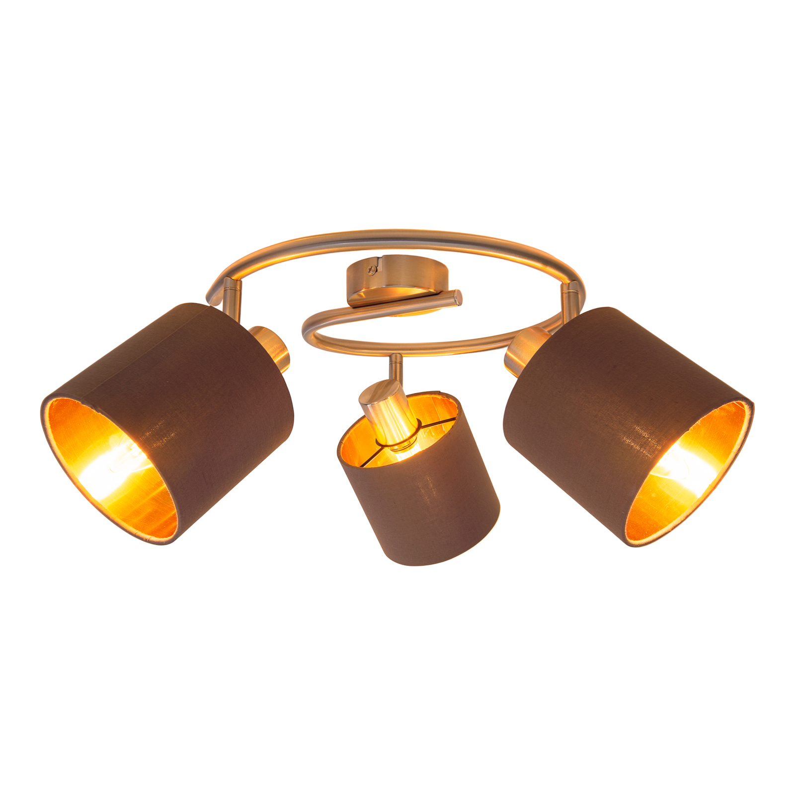 Plafonnier rond Maron à 3 lampes tissu, brun/doré