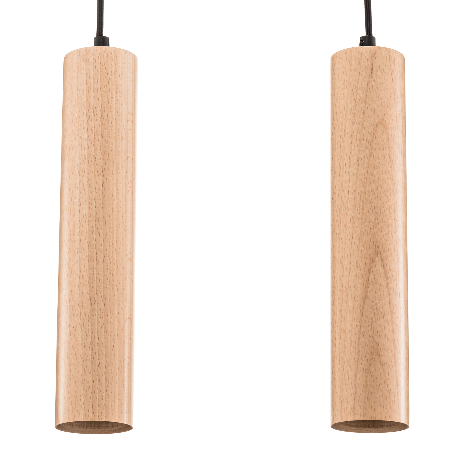 Tube hanging light made of wood, two-bulb