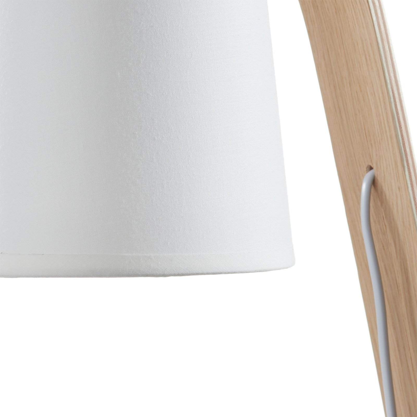 Skandynawska biała drewniana lampa stołowa z kloszem z tkaniny