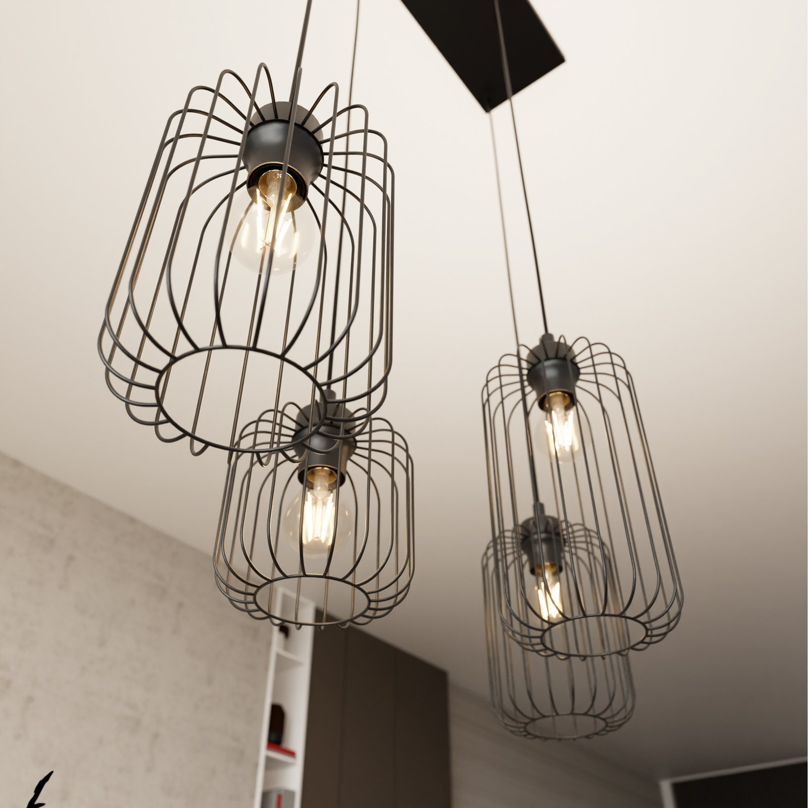 Suspension Vander, 4 lampes, 70 cm, noir, métal, E27