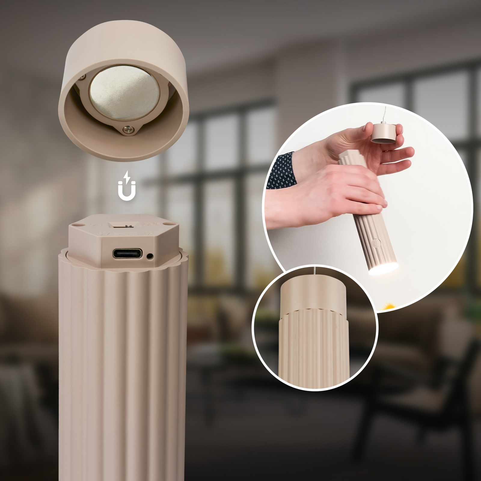 Lámpara colgante LED recargable «Hang», color beige, plástico, atenuable Lámpara colgante LED recargable «Hang», color beige, plástico, atenuable