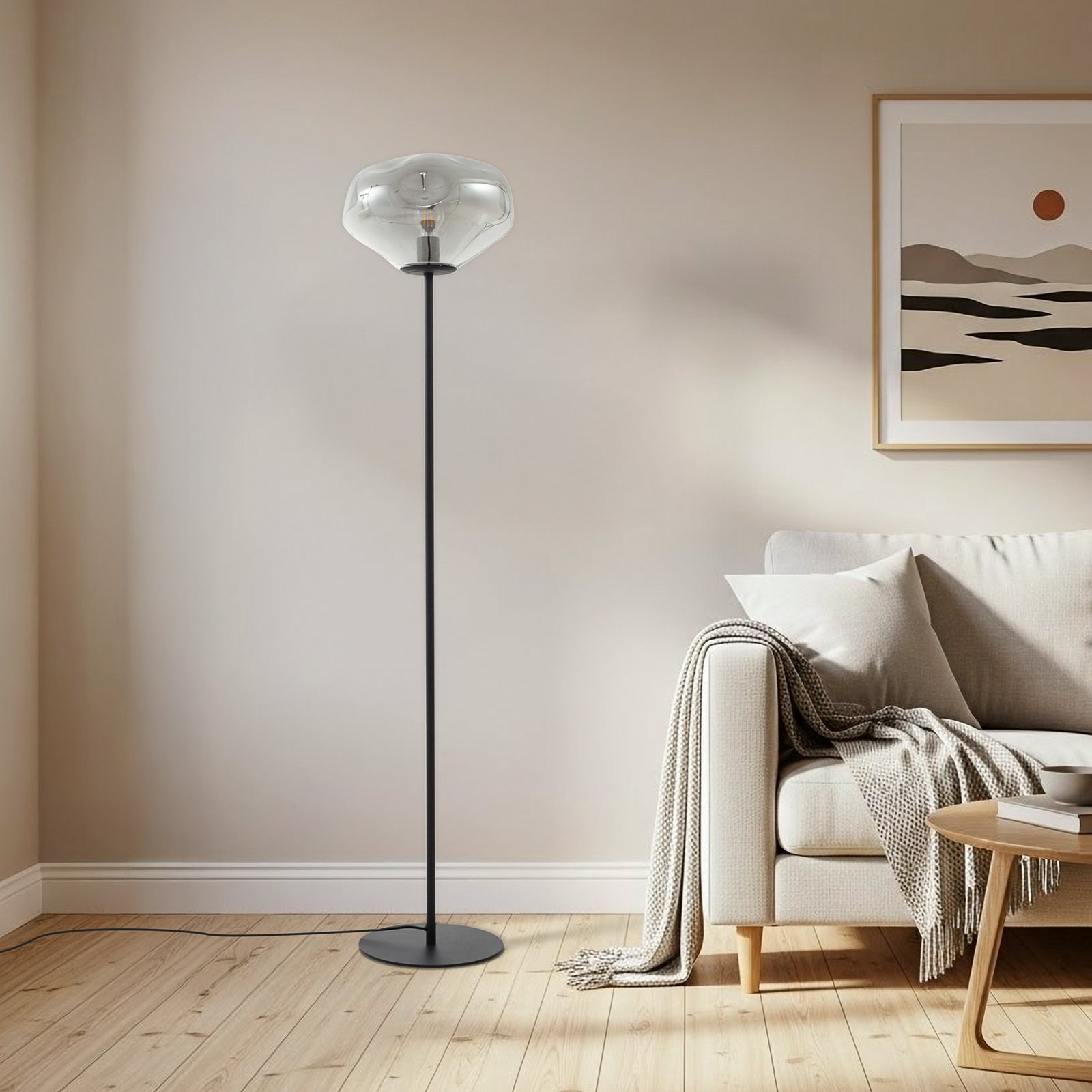 Lampe sur pied Lindby Lelia, gris fumé, verre, métal, 150 cm
