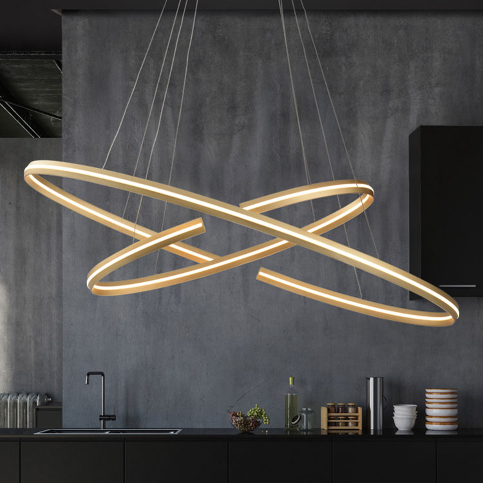 Schuller Elipse LED-hængelampe, ovl, 120x60 cm - pendel lampe - haengelampe - moderne lampe stue/spisestue - børstet guld, opalhvid - metal, aluminium, akryl