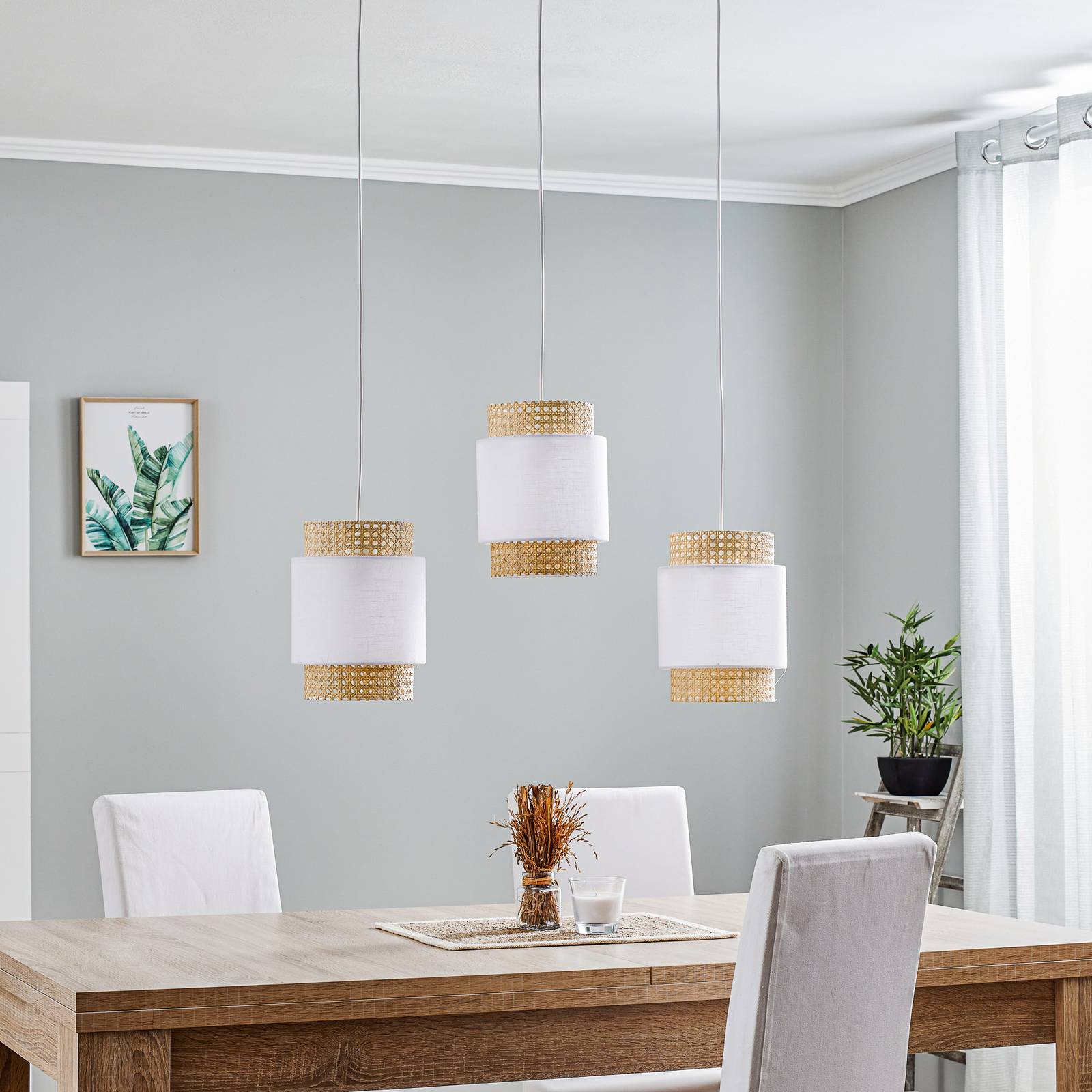 Linearna lampa wisząca Boho 3-punktowa biały/rattan