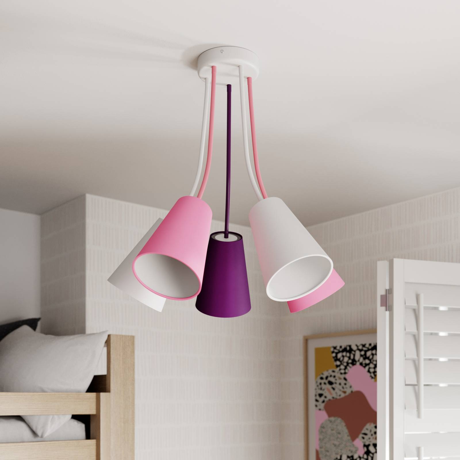 Lampa sufitowa Wire Kids 5-punktowa, biała/różowa/fioletowa