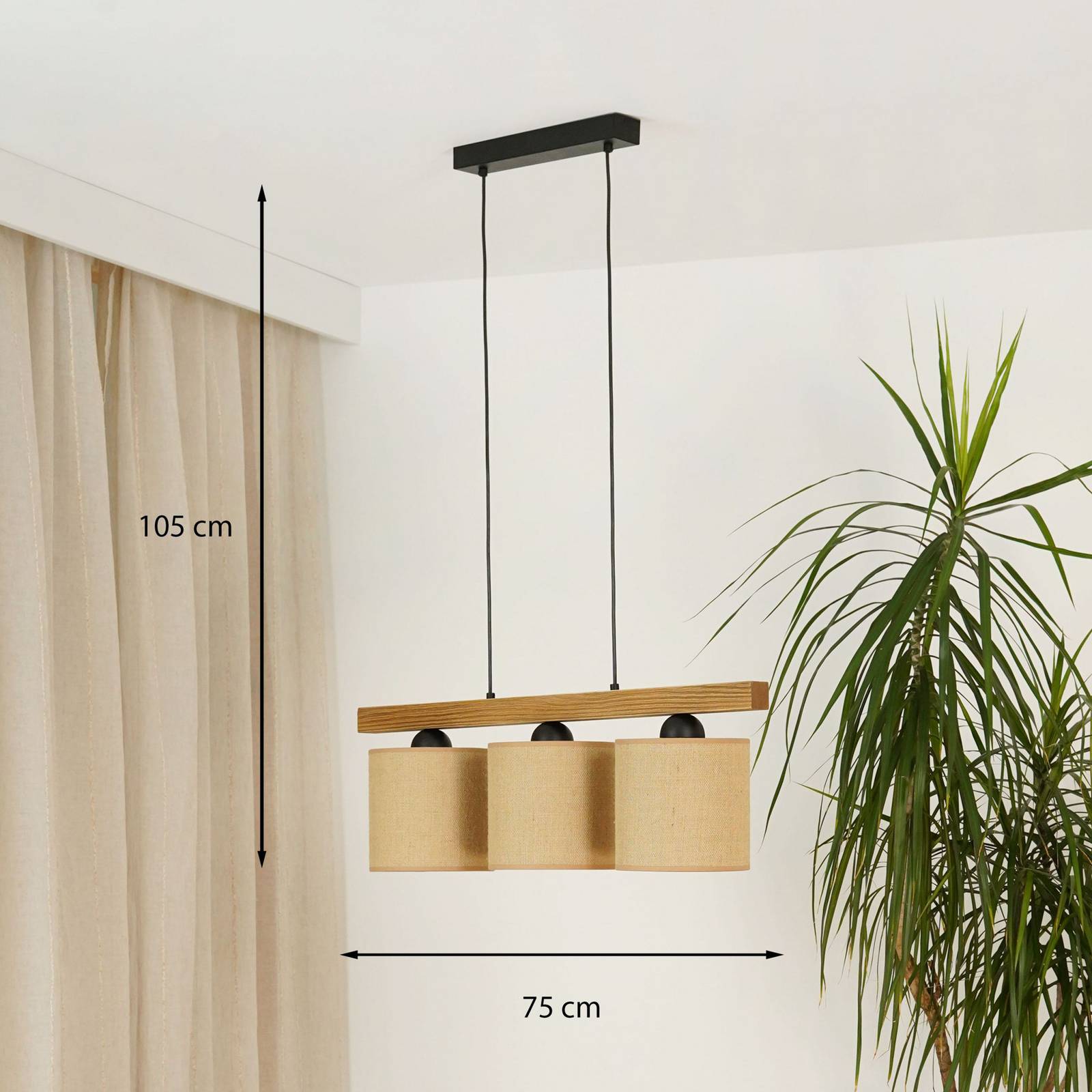 Lampa wisząca Forest, drewno jasne/czarne, juta naturalna, 3-punktowa