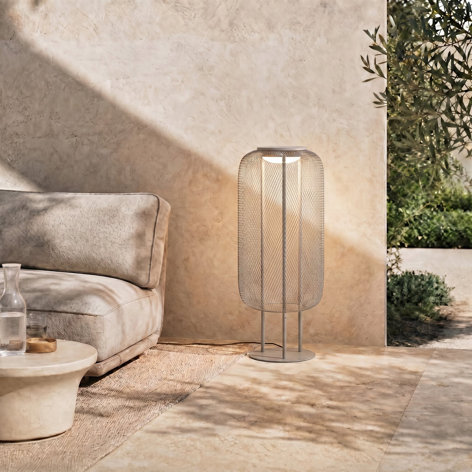 Korvyn LED floor lamp, stone grey, height 80 cm, IP44 - Lucande
