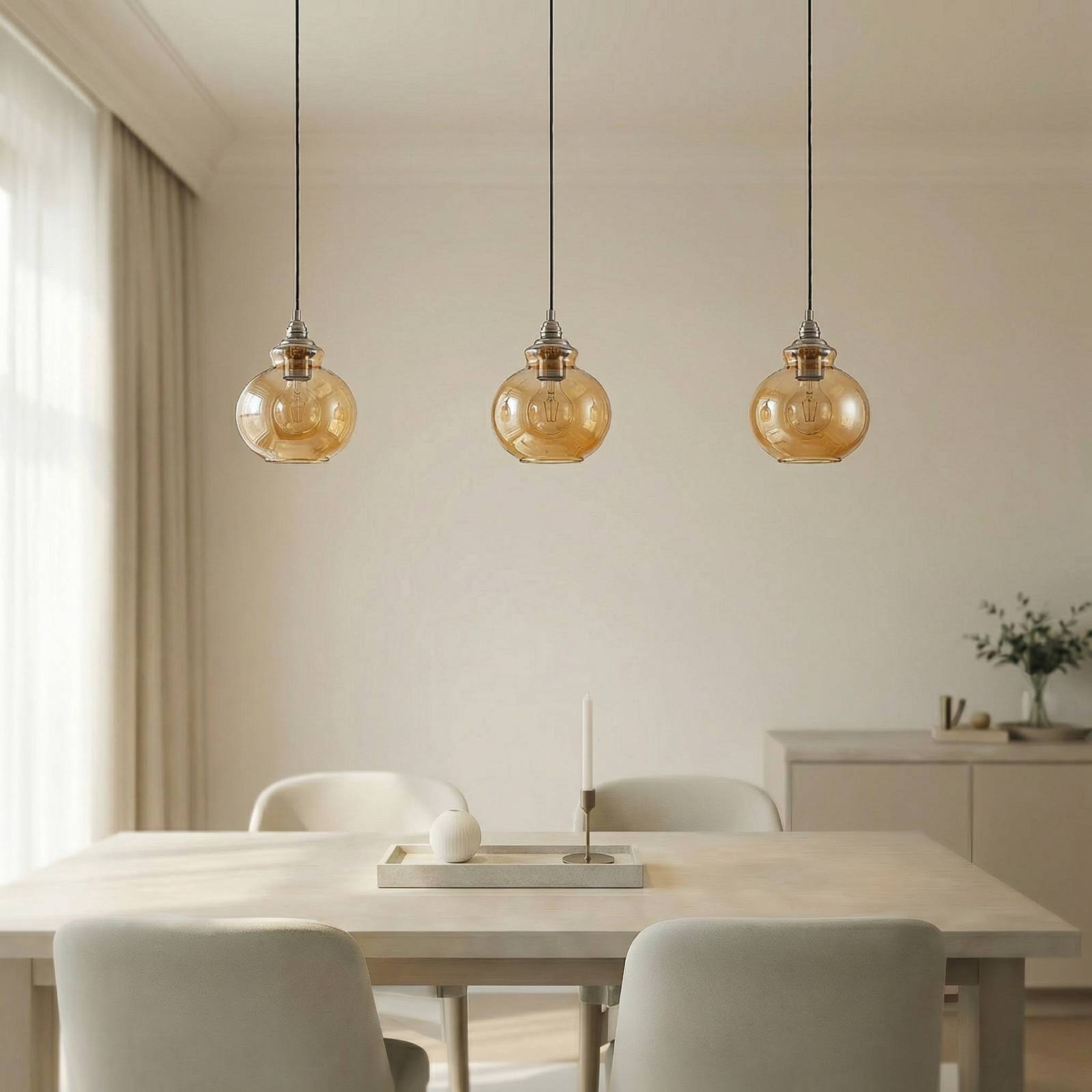 Lampa wisząca Lindby Tymoni, 3-punktowa, bursztynowa, szkło, Ø 20 cm
