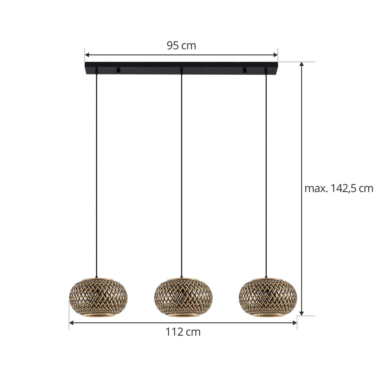 Lampa wisząca Lindby Nerys, 3-punktowa, czarna, bambus, 1 120 cm