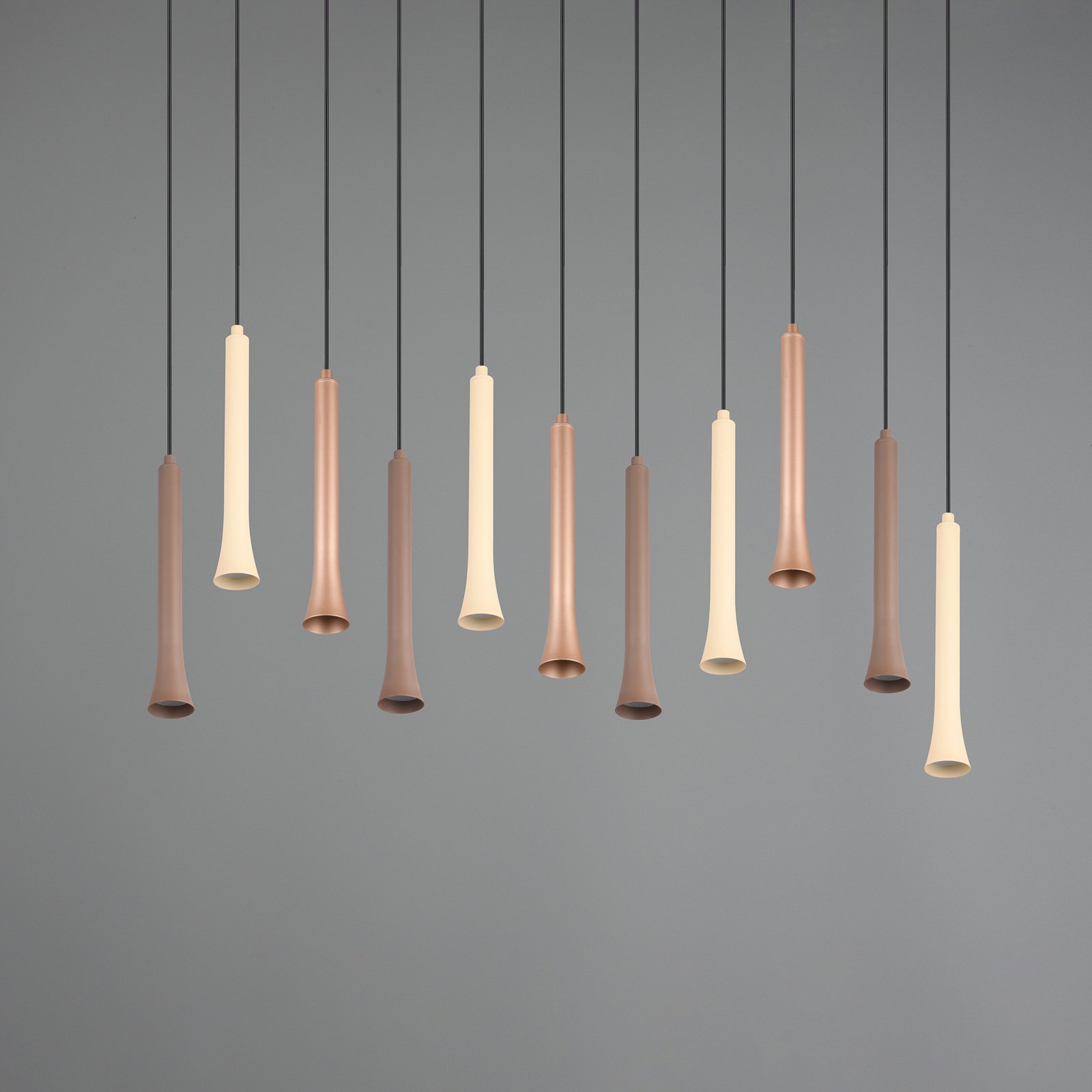 LED pendant light Fiato, 11-bulb, long, metal, taupe, coffee