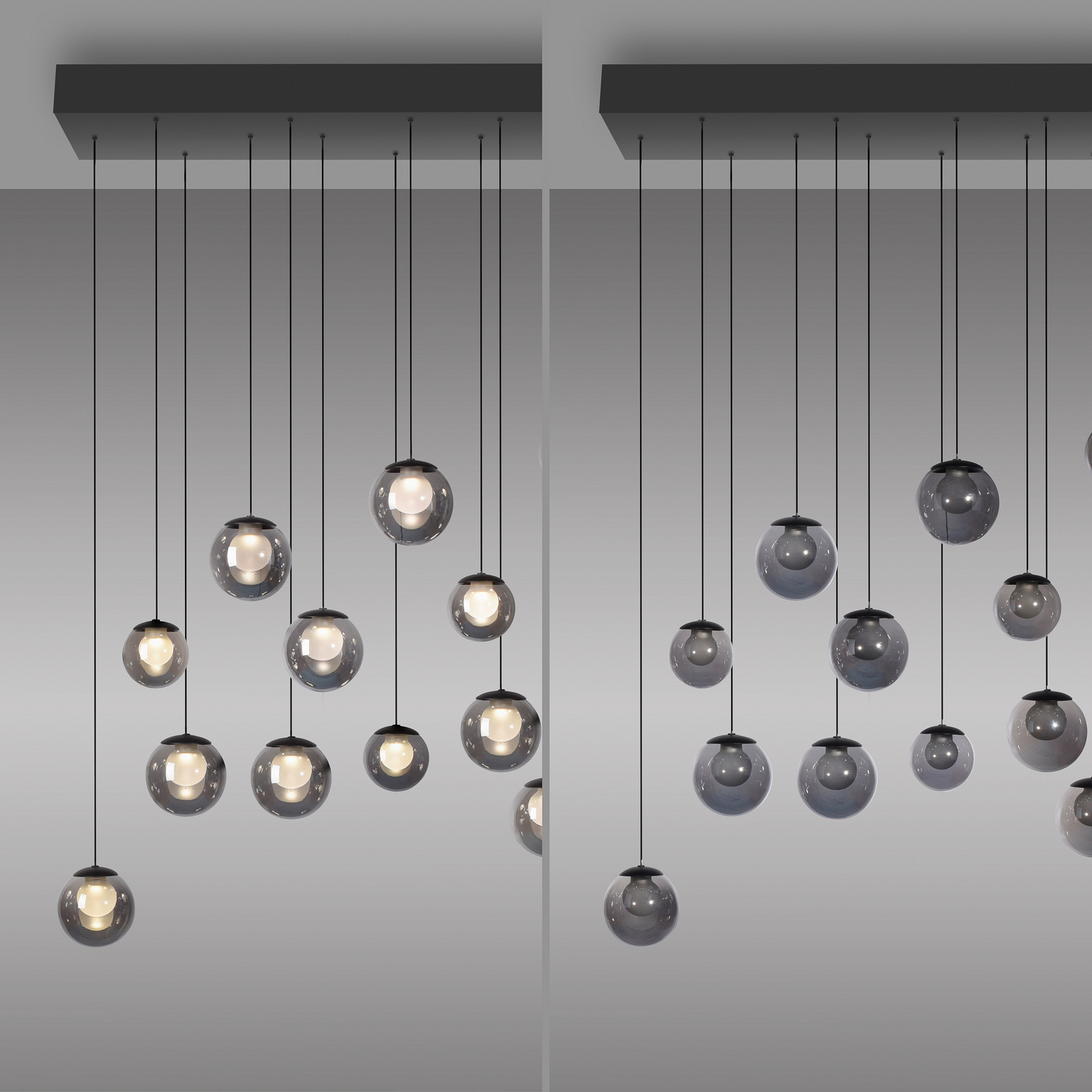 PURE LED-Hängelampe Popup, grau/rauchgrau, 100 cm, 13-fl.