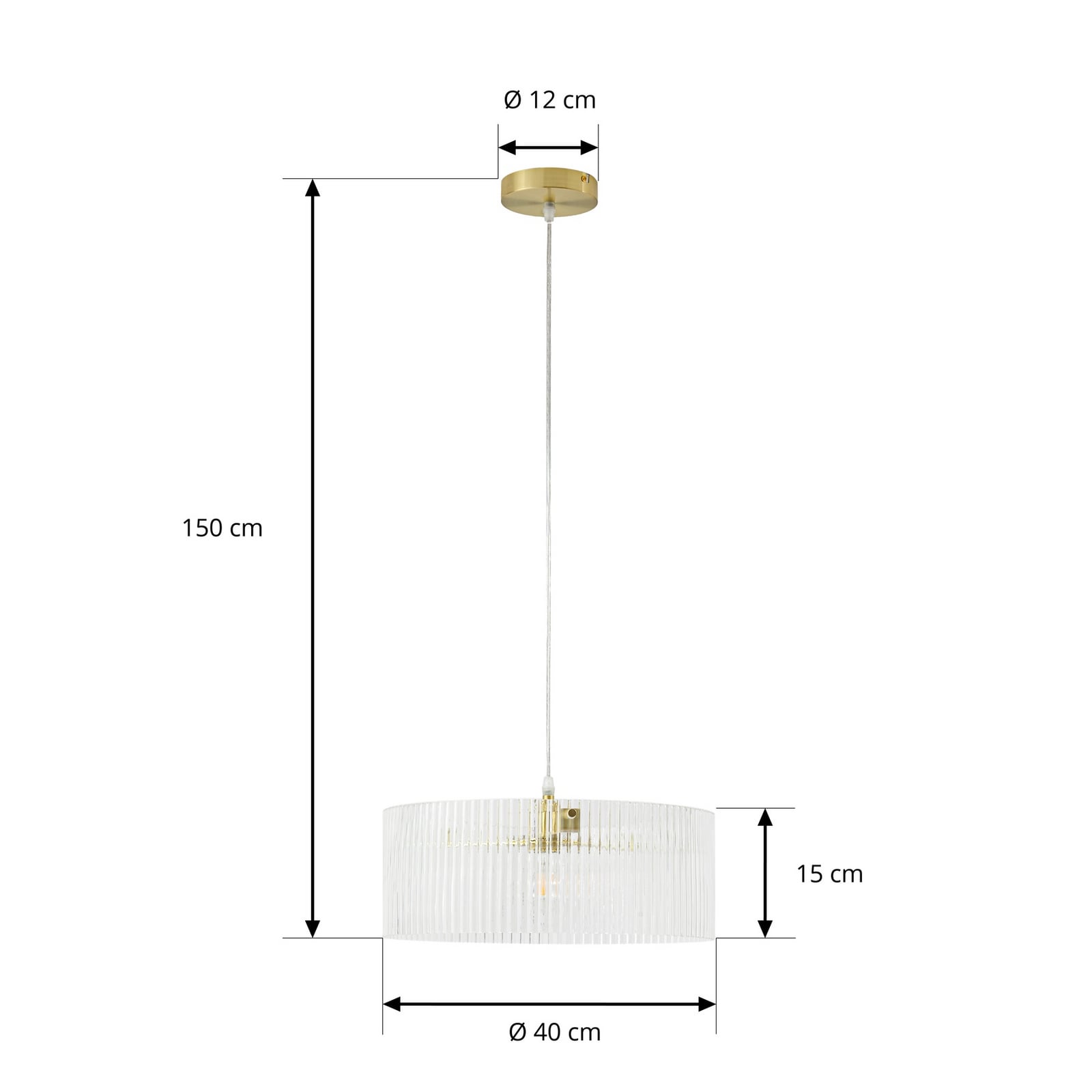 Candeeiro suspenso Lucande Meritt, latão/transparente, Ø 40 cm, vidro Candeeiro suspenso Lucande Meritt, latão/transparente, Ø 40 cm, vidro