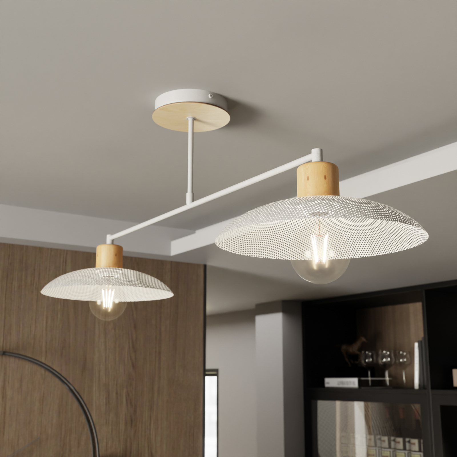 Plafón Kobe, 2 luces, acero, madera, blanco