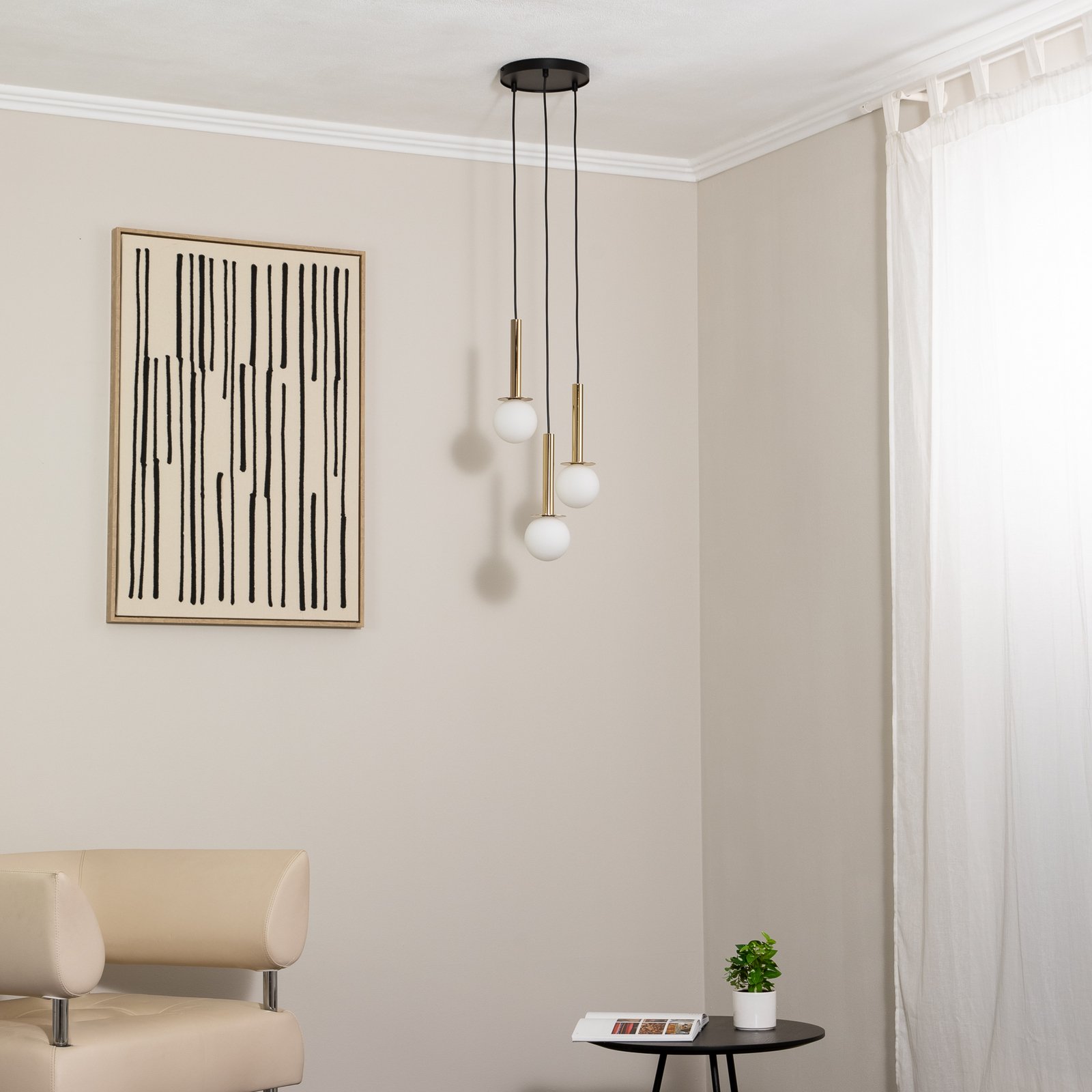 Hängeleuchte Daisy, 3-flammig, gold/weiß/schwarz, Glas Hängeleuchte Daisy, 3-flammig, gold/weiß/schwarz, Glas