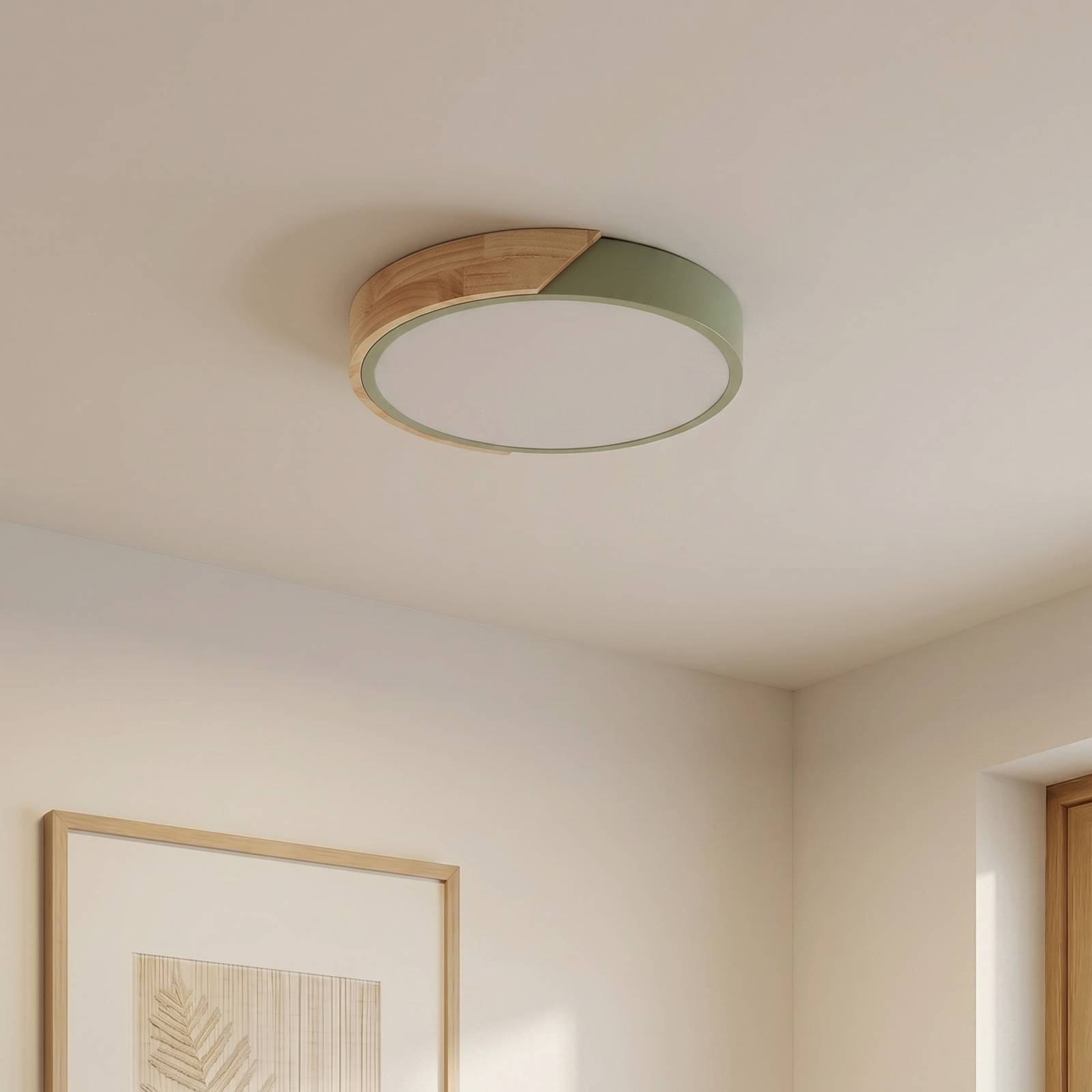 Lampa sufitowa LED PRIOS Lynorri, Ø 32 cm, zielona, wykończenie drewniane