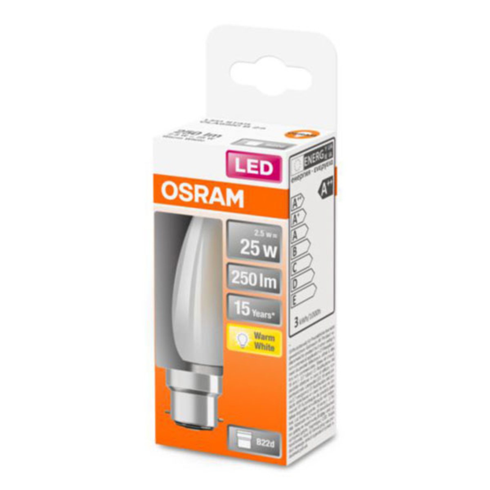OSRAM LED stearinlyslampe B22d 2,5 W 2 700 K matt