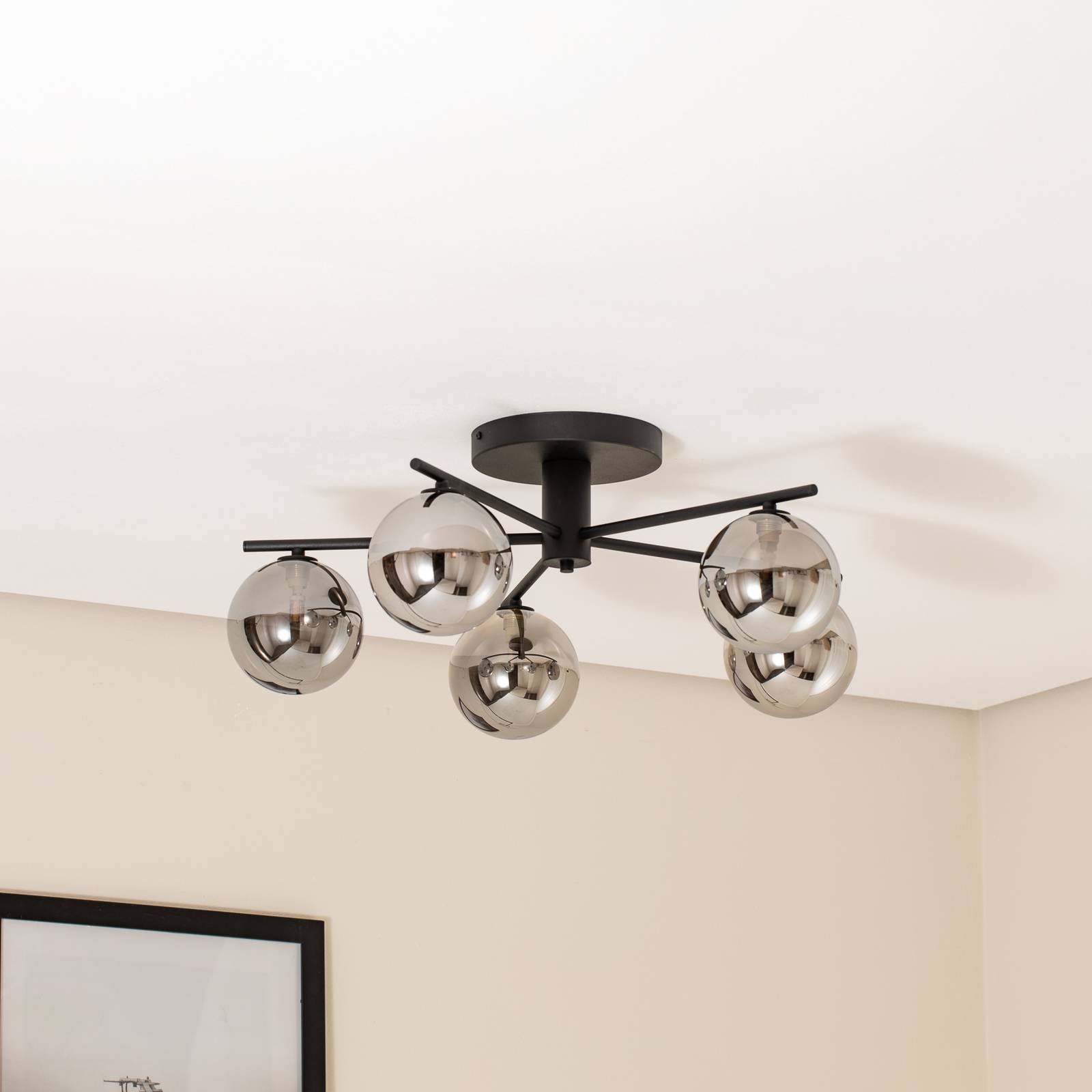 Lampa sufitowa Prato, czarna/dymnoszara, szkło, 5-punktowa