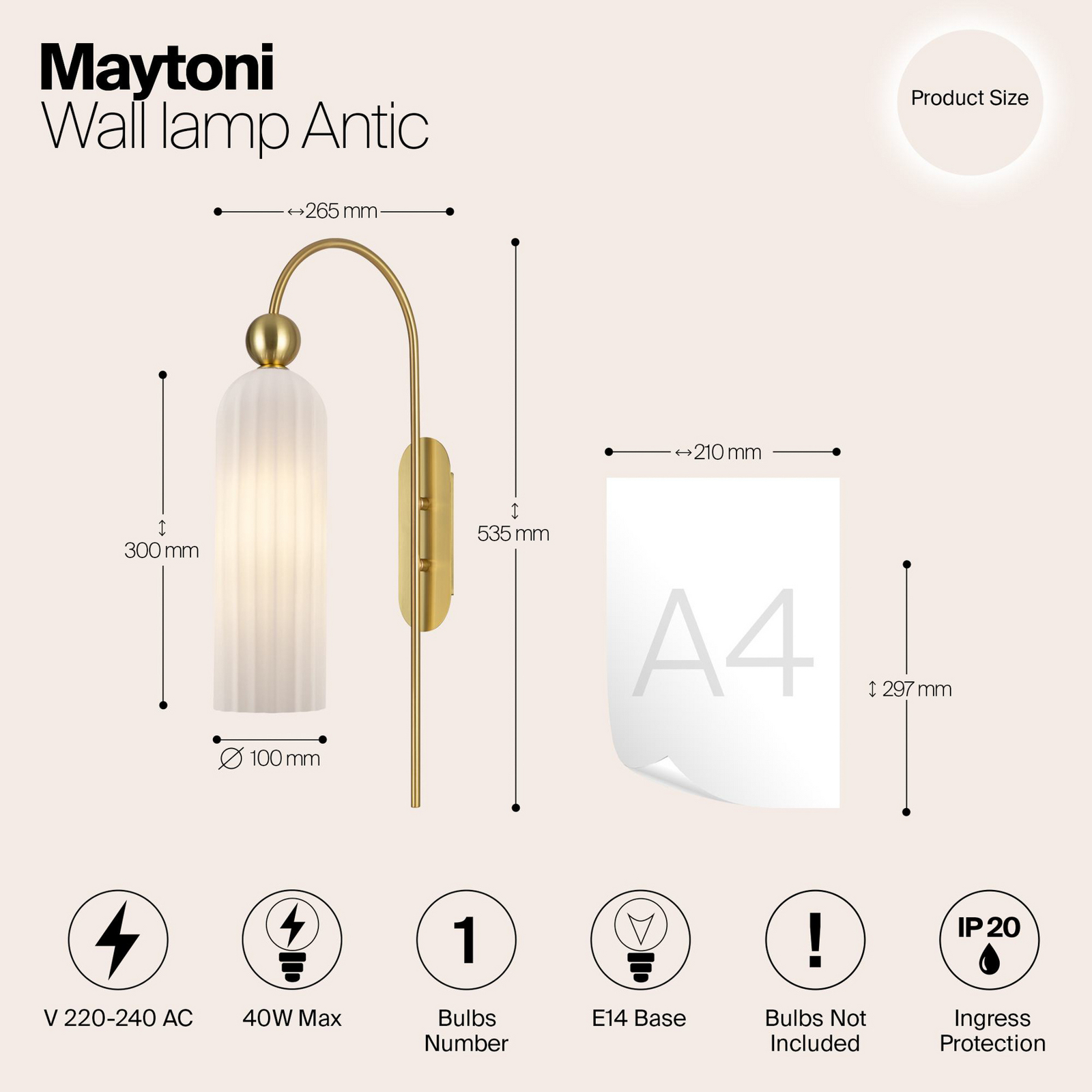 Maytoni Antic vägglampa, glasskärm i vitt