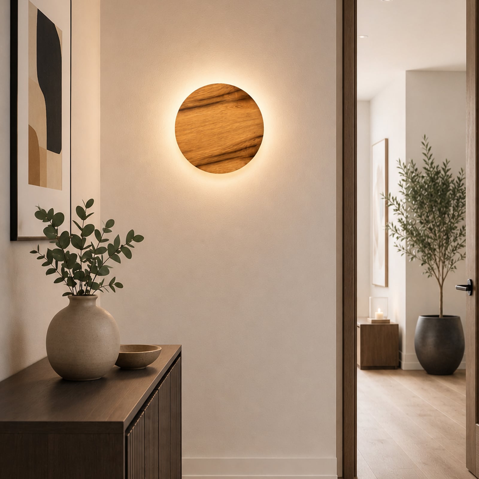 Havana M LED wall light, knotty oak/metal, Ø 34 cm, IP44 Havana M LED wall light, knotty oak/metal, Ø 34 cm, IP44
