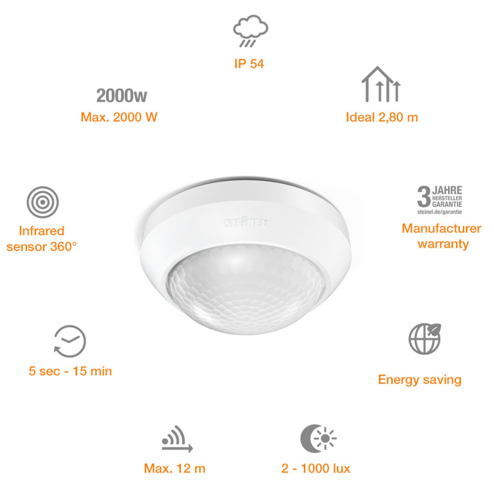 Steinel Is 360-1 240 V 1000 W de Potencia de conmutaci/ón 1000 W Plateado Apto para LED Detector de Movimiento m/áx Alcance de 4 m Sensor de 360/° 034917 1000W 240V