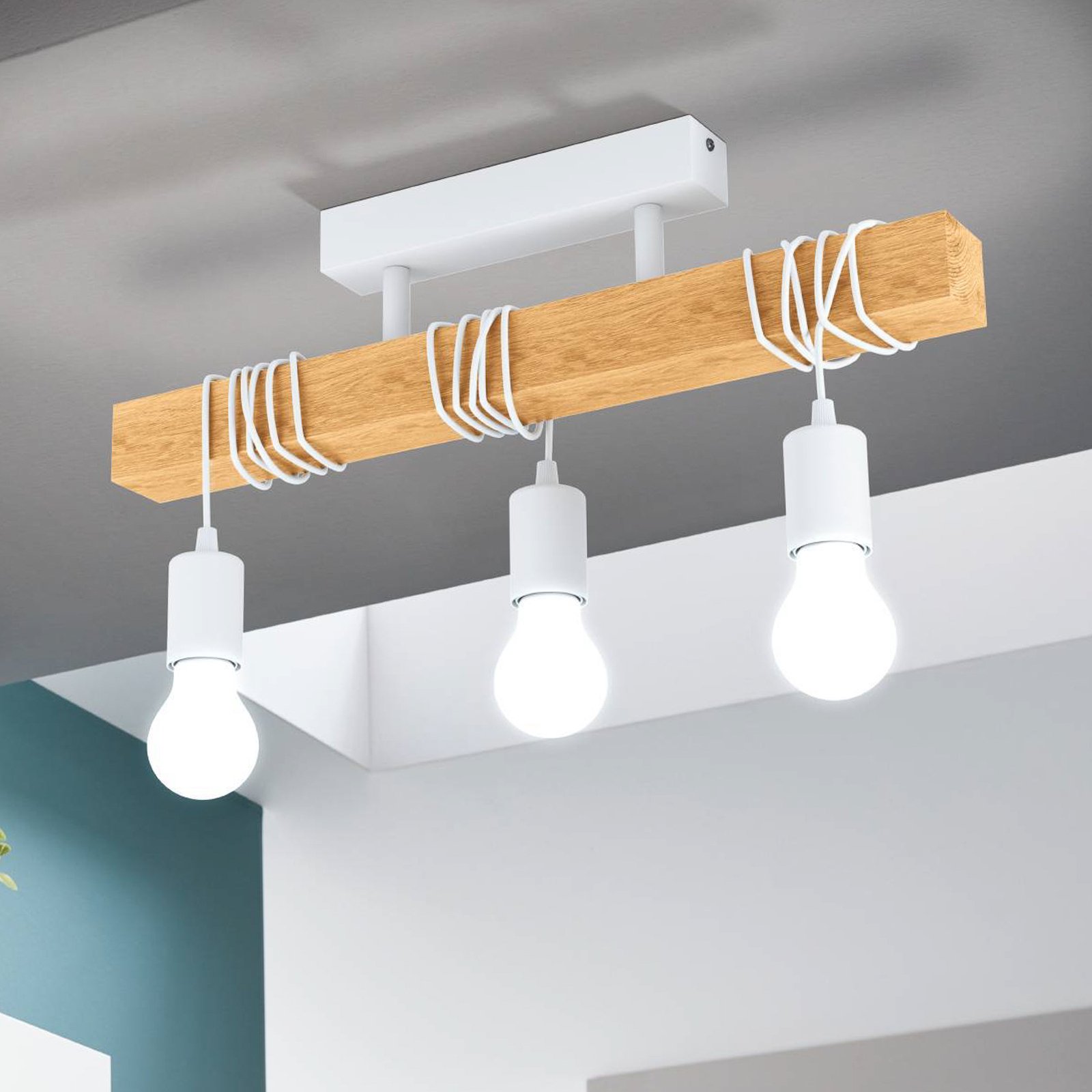 Townshend ceiling lamp made of wood, 3-bulb white