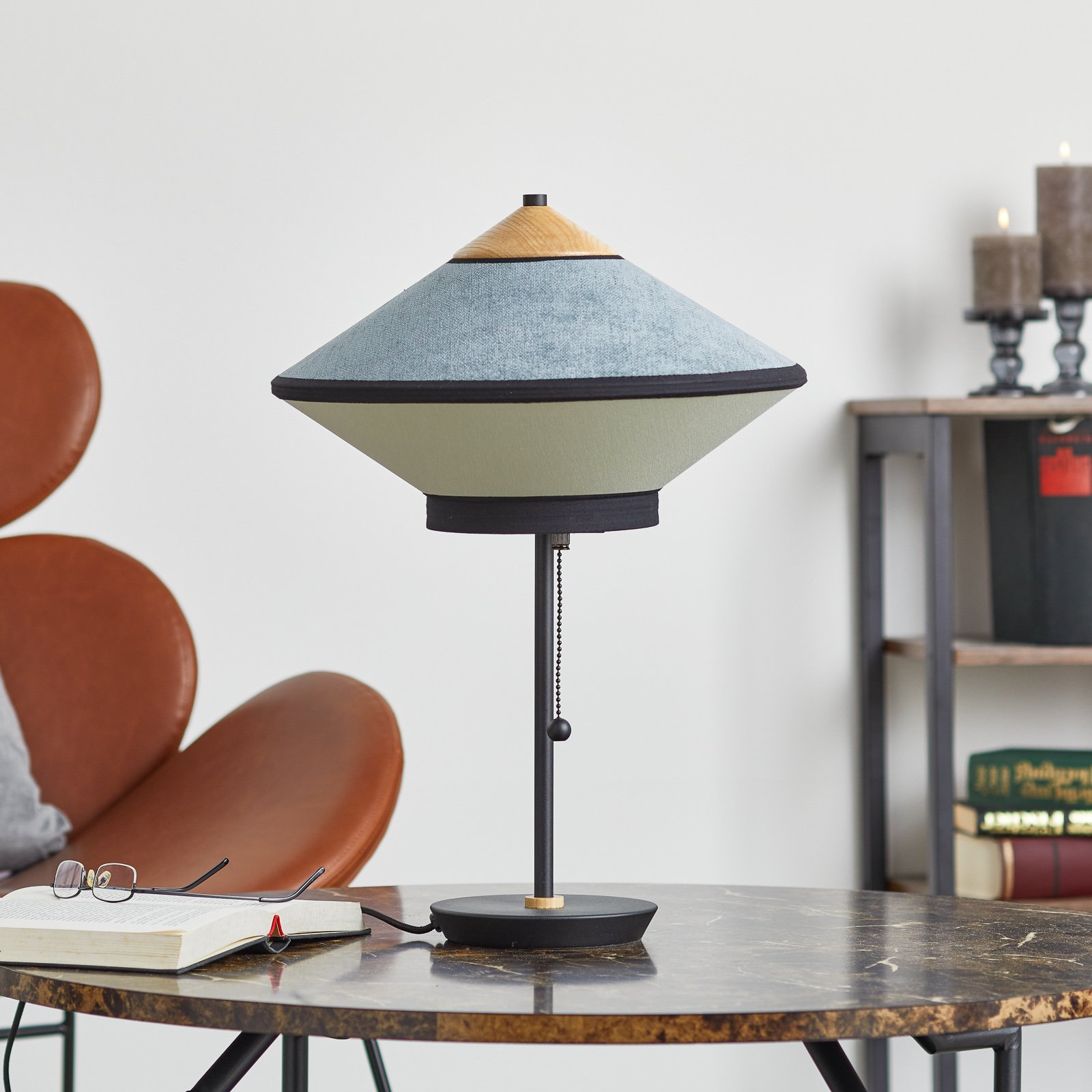 Forestier Cymbal S table lamp, Atlantic blue, for Living / Dining Room, metal, velvet, linen, E14, 40 W, energy efficiency: A++, H: 48 cm