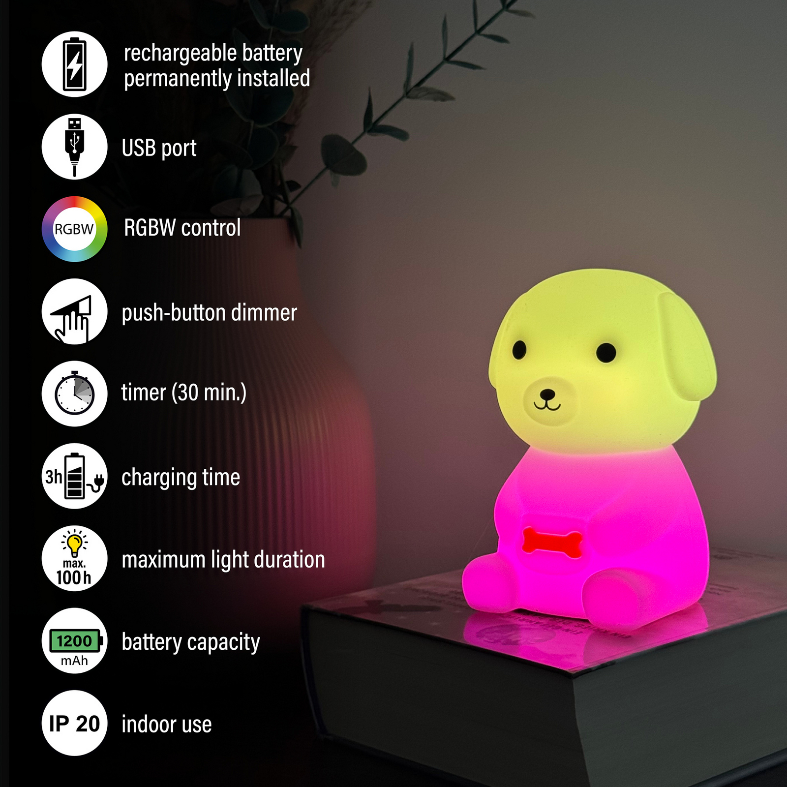 LED-Akku-Nachttischleuchte Puppy, Hund, weiß, RGB, dimmbar