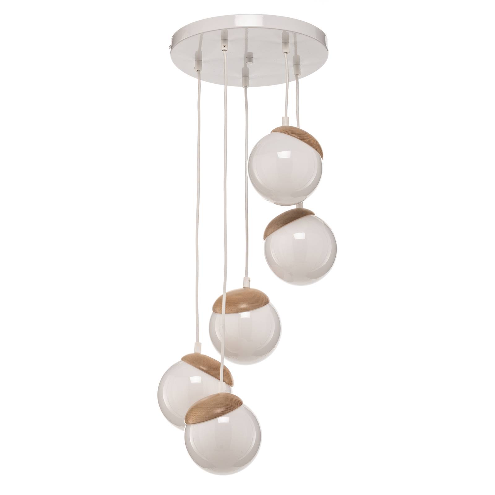 Suspension Sfera 5 lampes verre bois clair