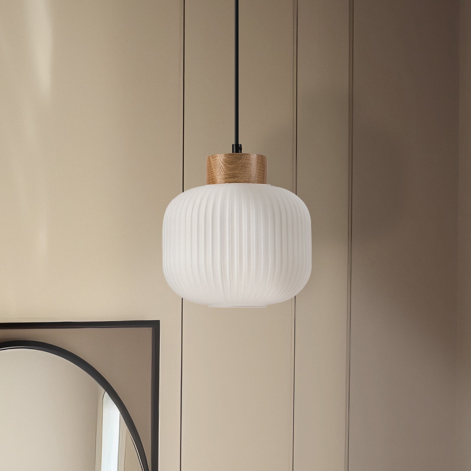 Hängeleuchte Harmony, Ø 20 cm, Opalglas, Eichenholz, E27
