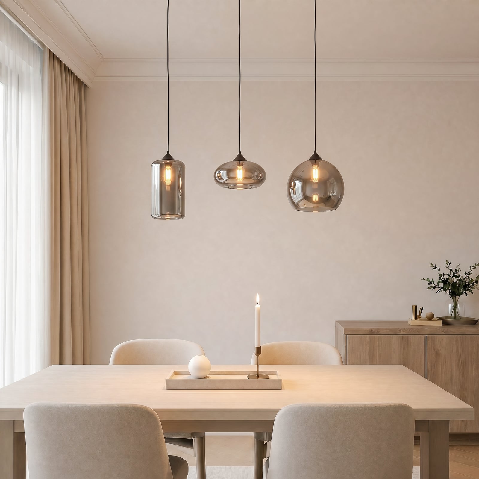 Lindby pendellampa Marla, 3 lampor, glas, rökgrå, 102cm