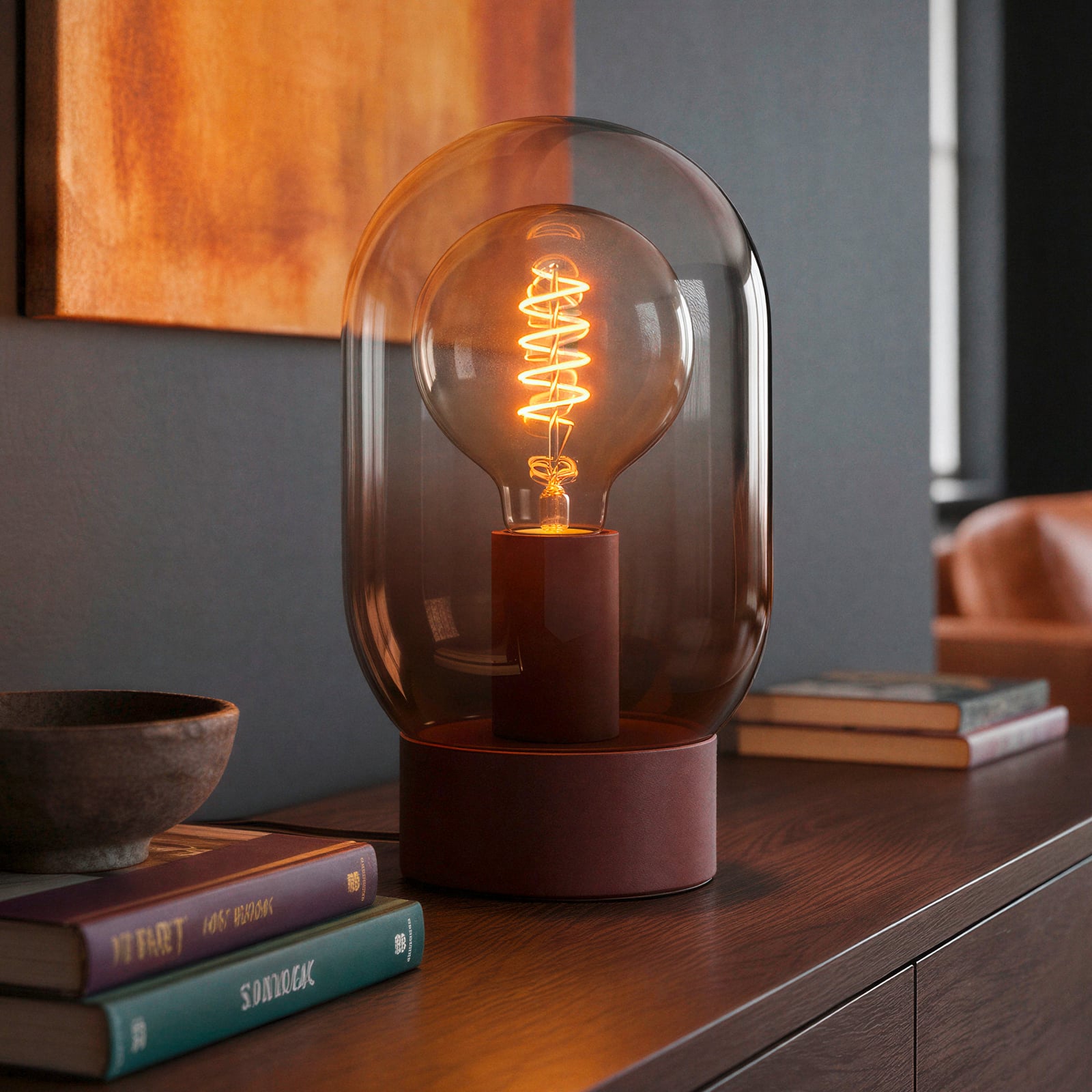 Stolová lampa Lequile, hnedá, sklo, kov, E27, výška 25,7 cm