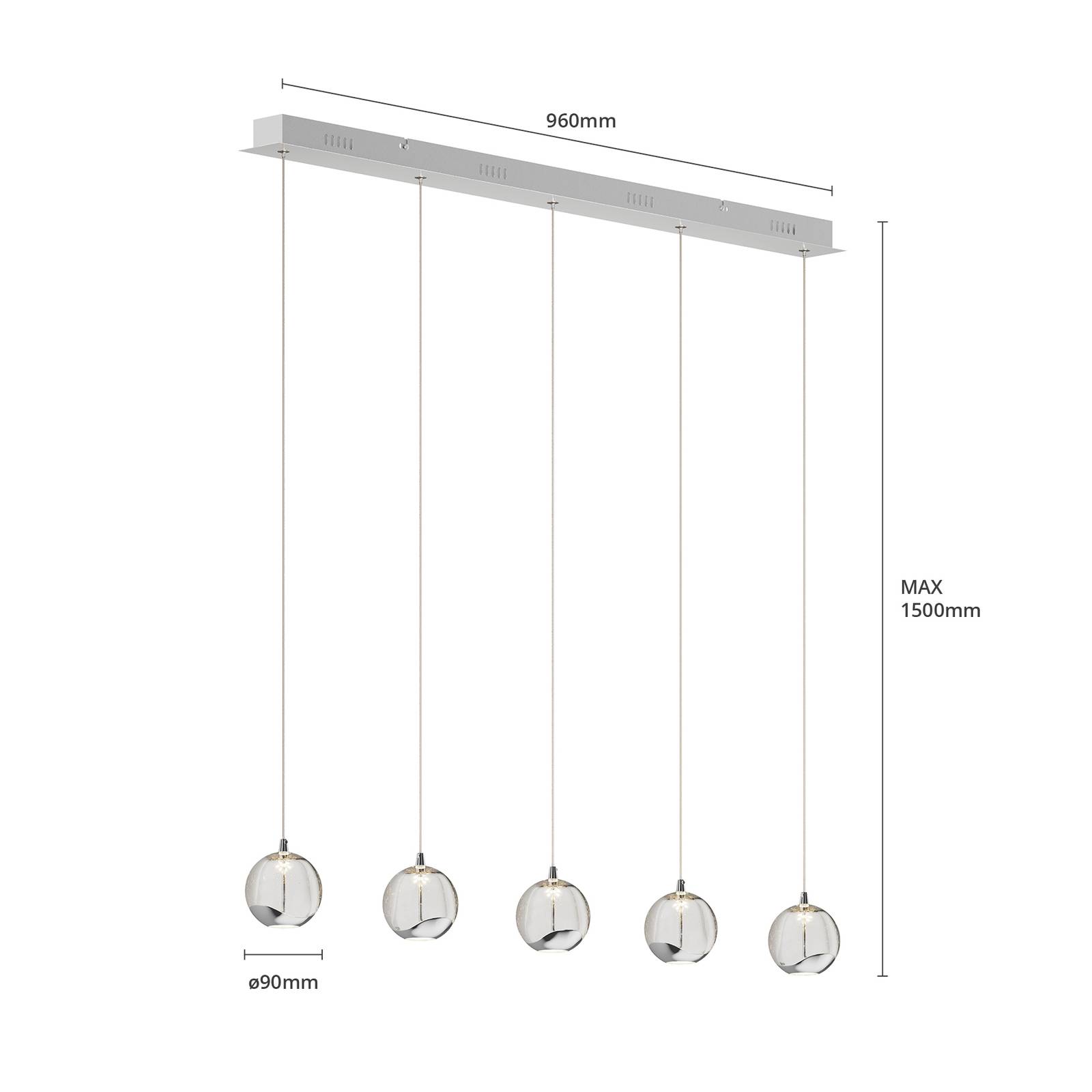 Lucande Lampa wisząca LED Hayley, 96 cm, 5-punktowa, chrom, szkło