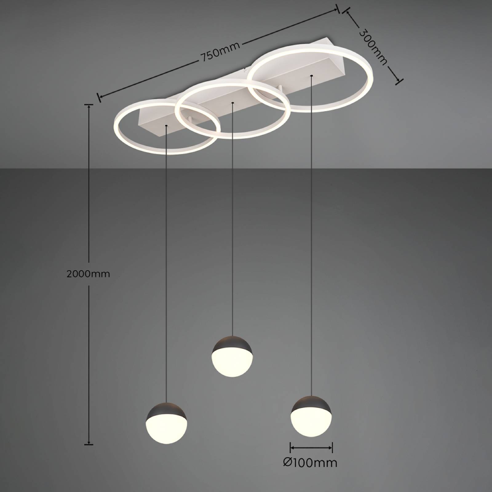 LED-pendellampe Larino lang, lysegrå, metall, CCT, fjernkontroll