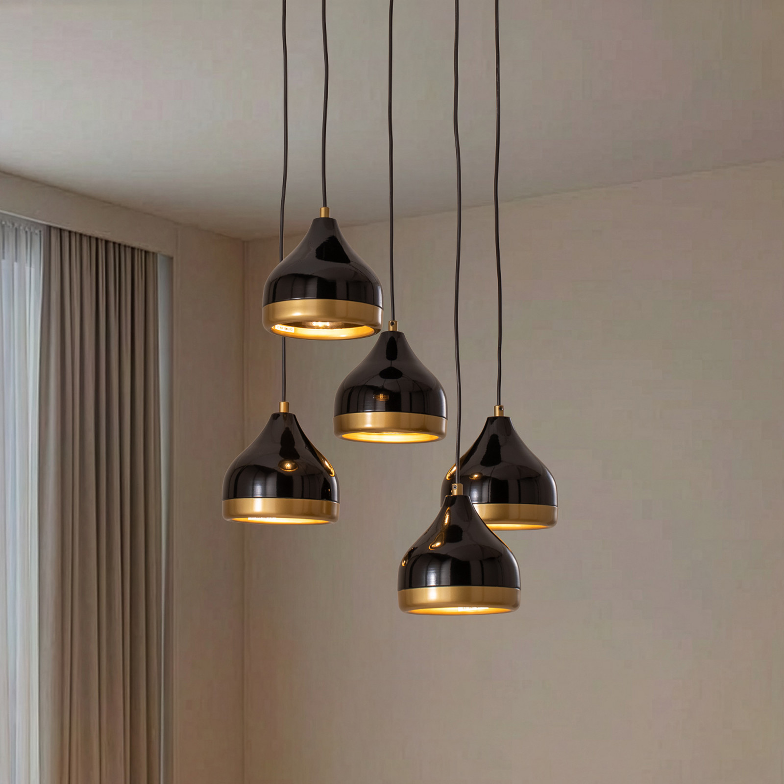 Opviq Lampă suspendată Yildo 5 becuri rotundă negru/auriu Ø43 cm - Camera de zi / sufragerie - Modern - negru auriu - Metal