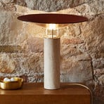 Rebound LED table lamp, travertine, brown leather