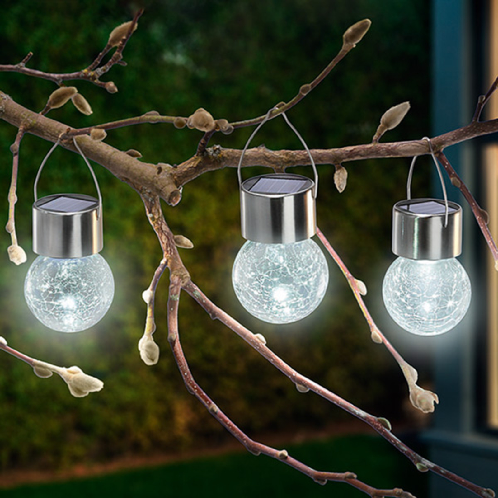 Esotec Three Crackle Ball LED solar lights, 6,000 K, glass, stainless steel