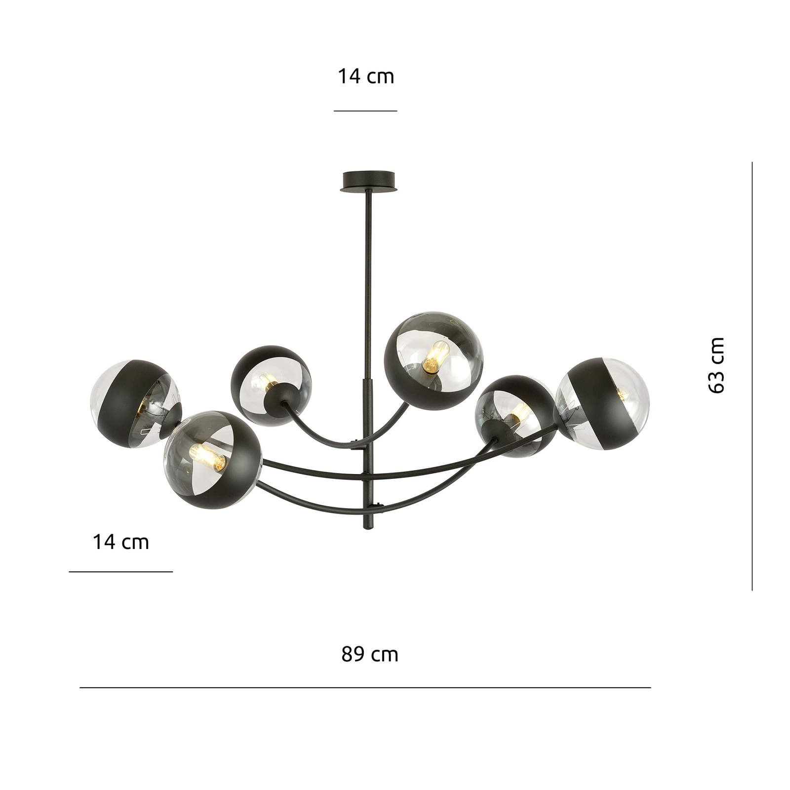 Hunter plafondlamp, zwart/helder, 6-lamps