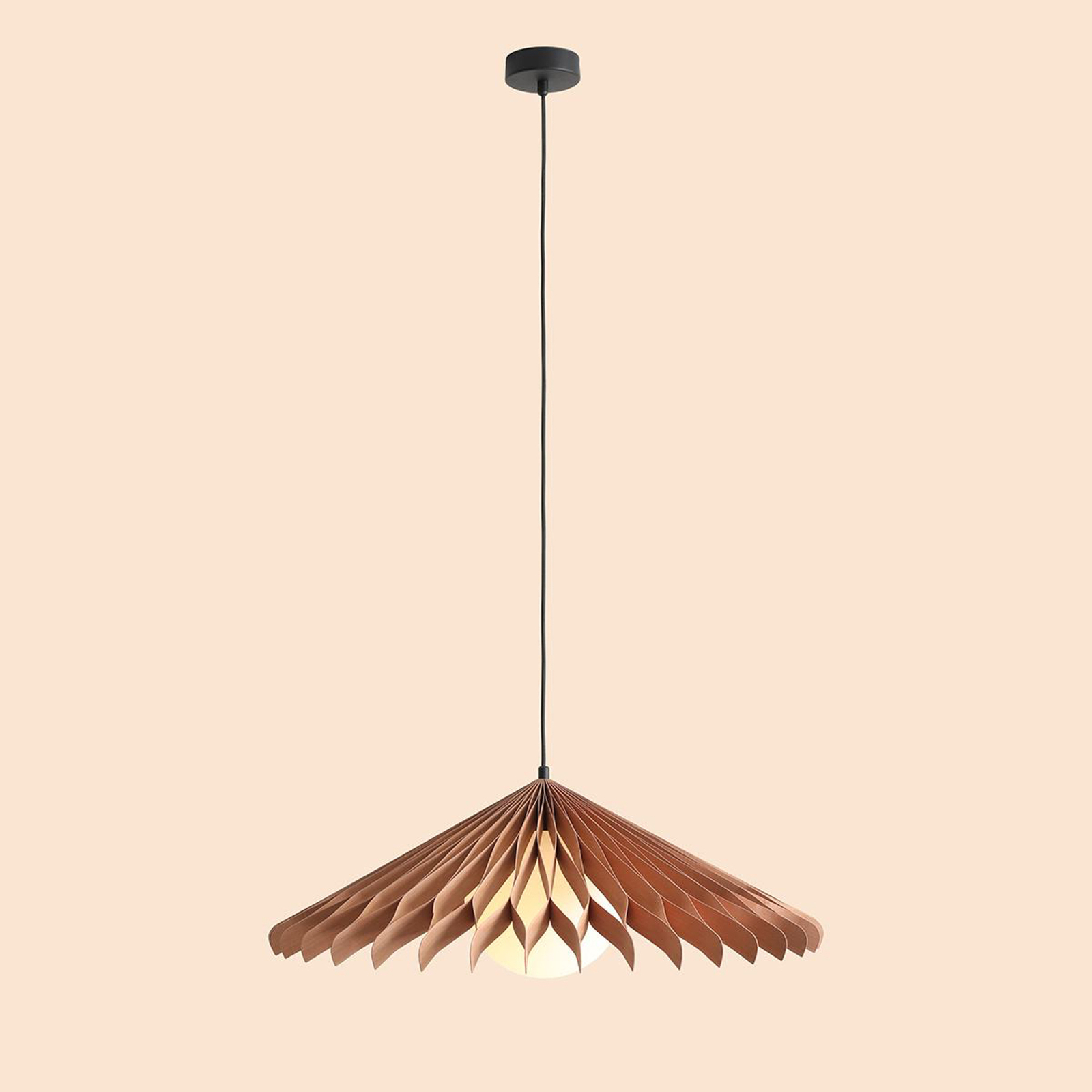 Hanglamp Nature Sun glas XL, platte kegel, Ø 69 cm, hout