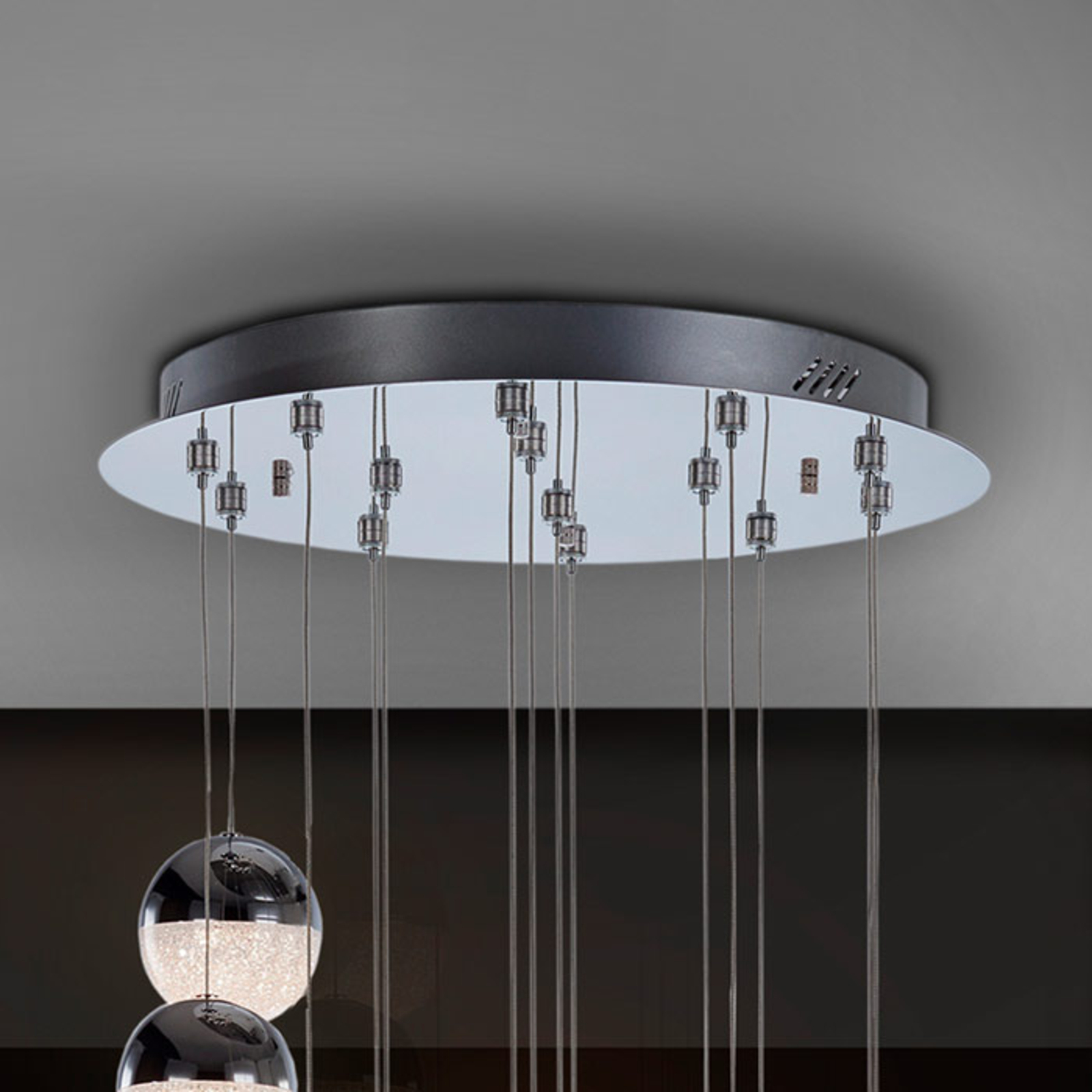 Sphere LED pendant light, 14-bulb, chrome app