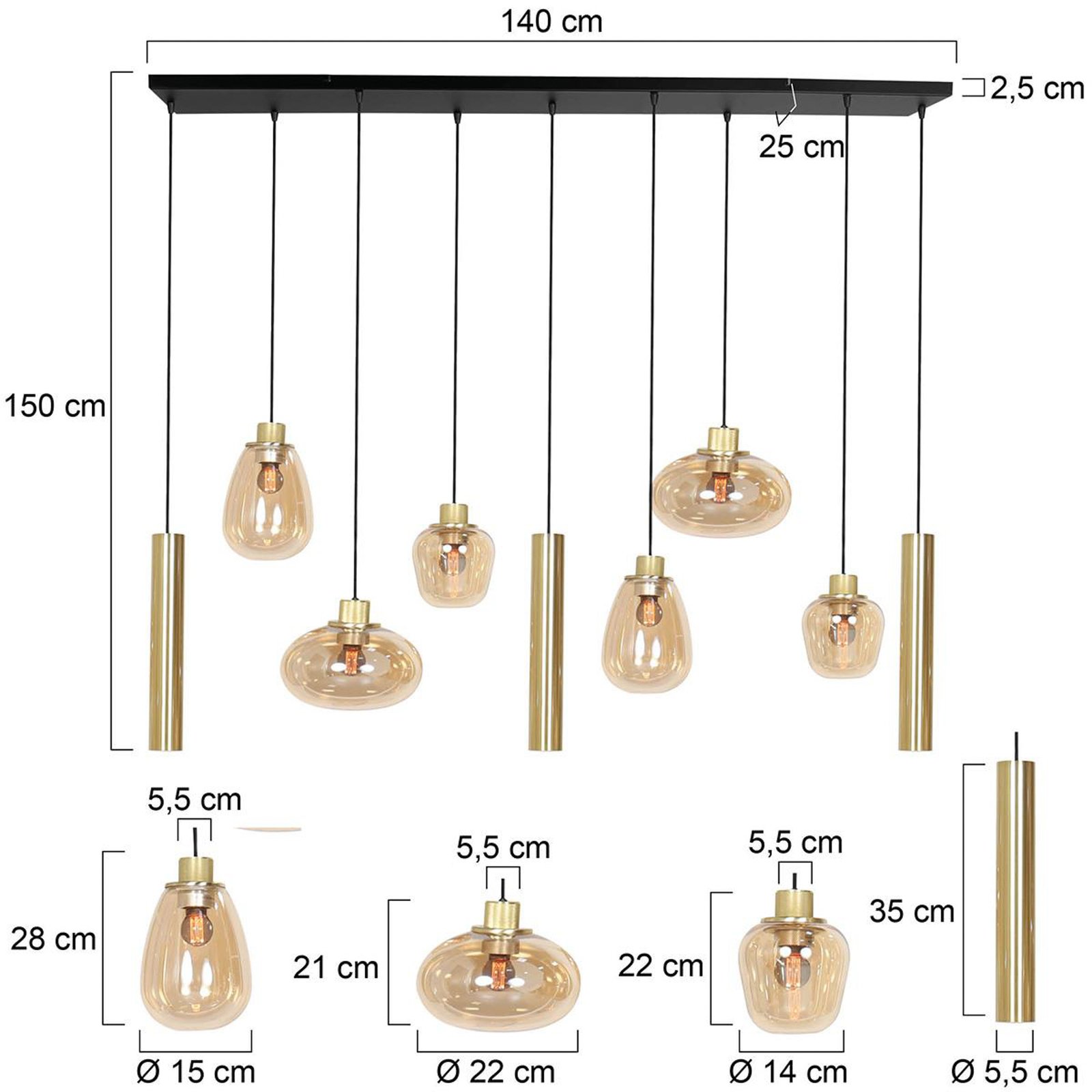 Reflexion pendant light, metal, glass, 9-bulb, brass