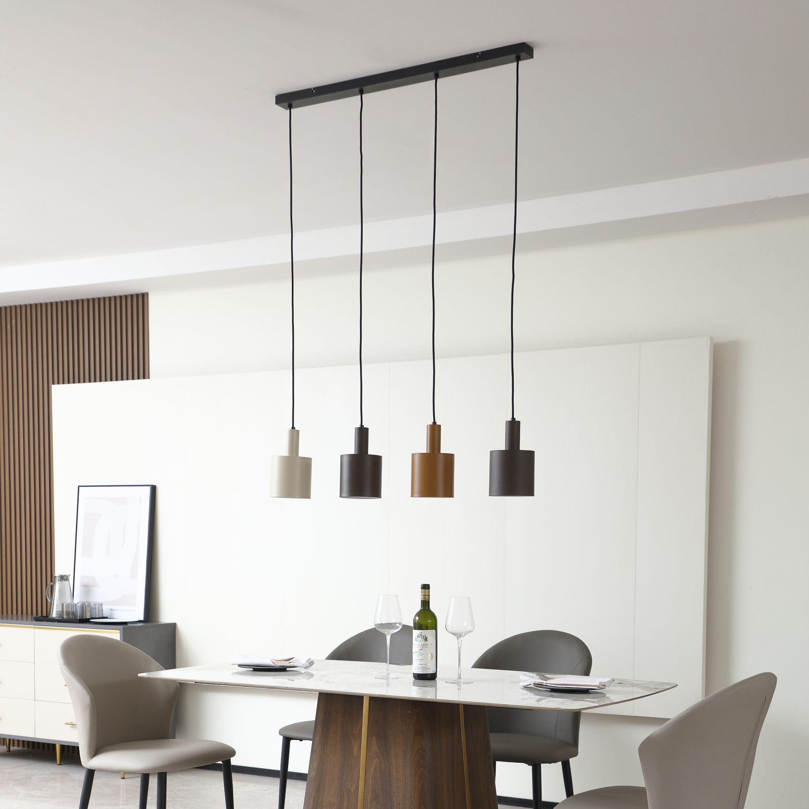 Lindby hanging light Ovelia, black/brown/beige, 4-bulb, iron