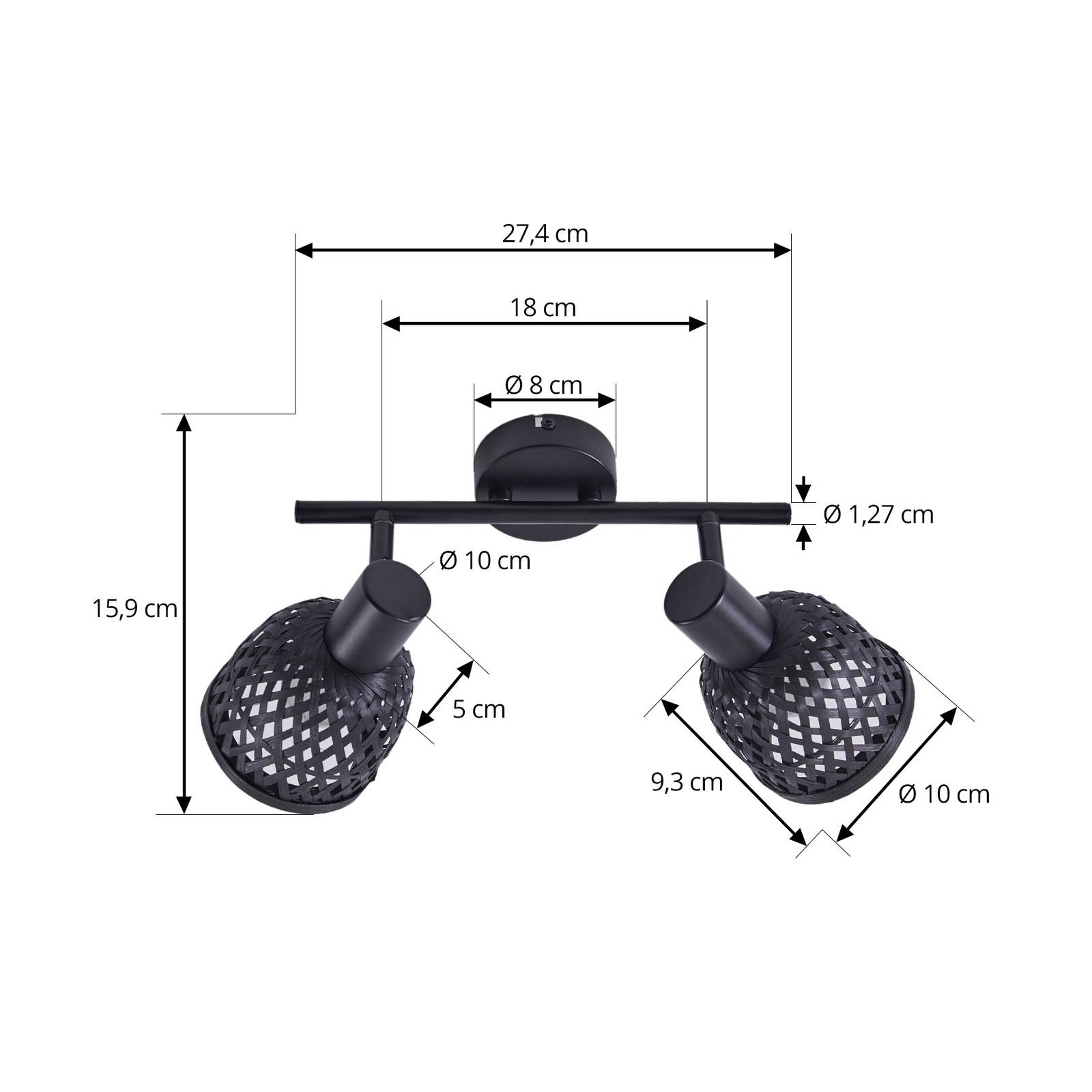 Lampa sufitowa Lindby Eskil, 2-punktowa, czarna, bambus, Ø 10 cm