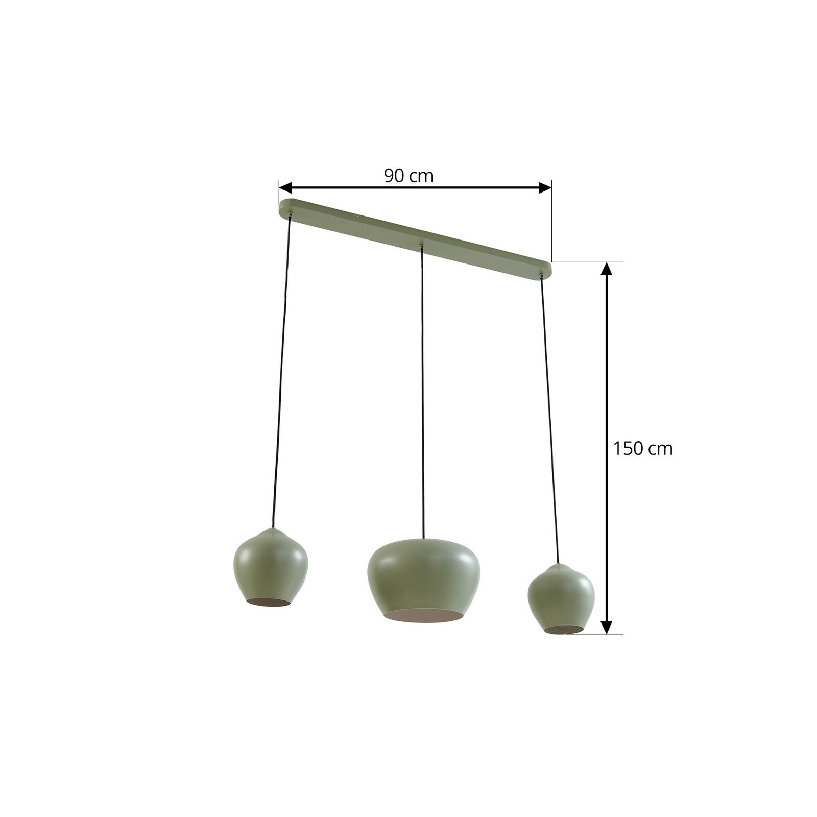 Lucande Malisa pendant light, green, 3-bulb, metal, length 90cm