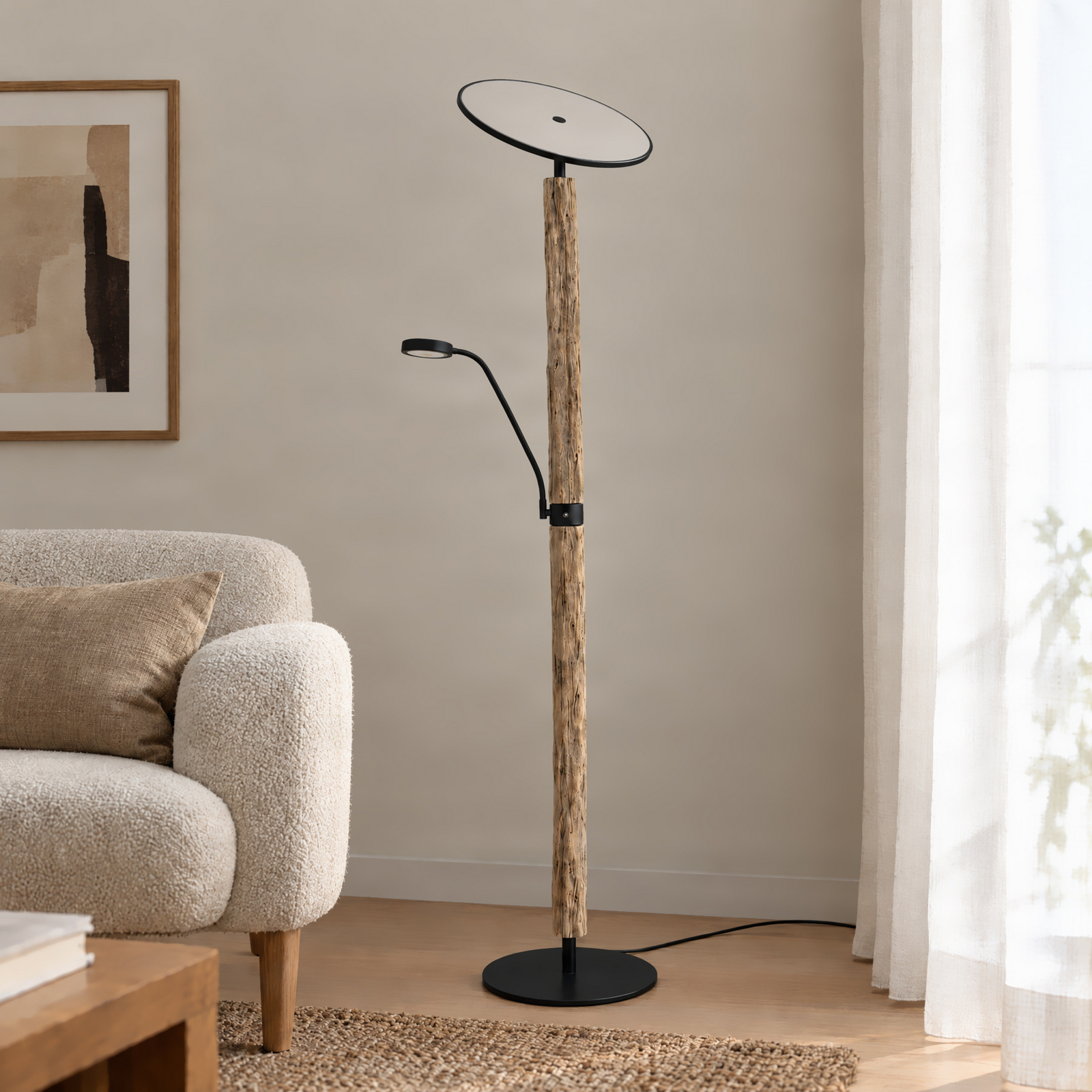 Λάμπα δαπέδου LED Lucande Woodland, 180 εκ., ξύλο, φως ανάγνωσης Λάμπα δαπέδου LED Lucande Woodland, 180 εκ., ξύλο, φως ανάγνωσης